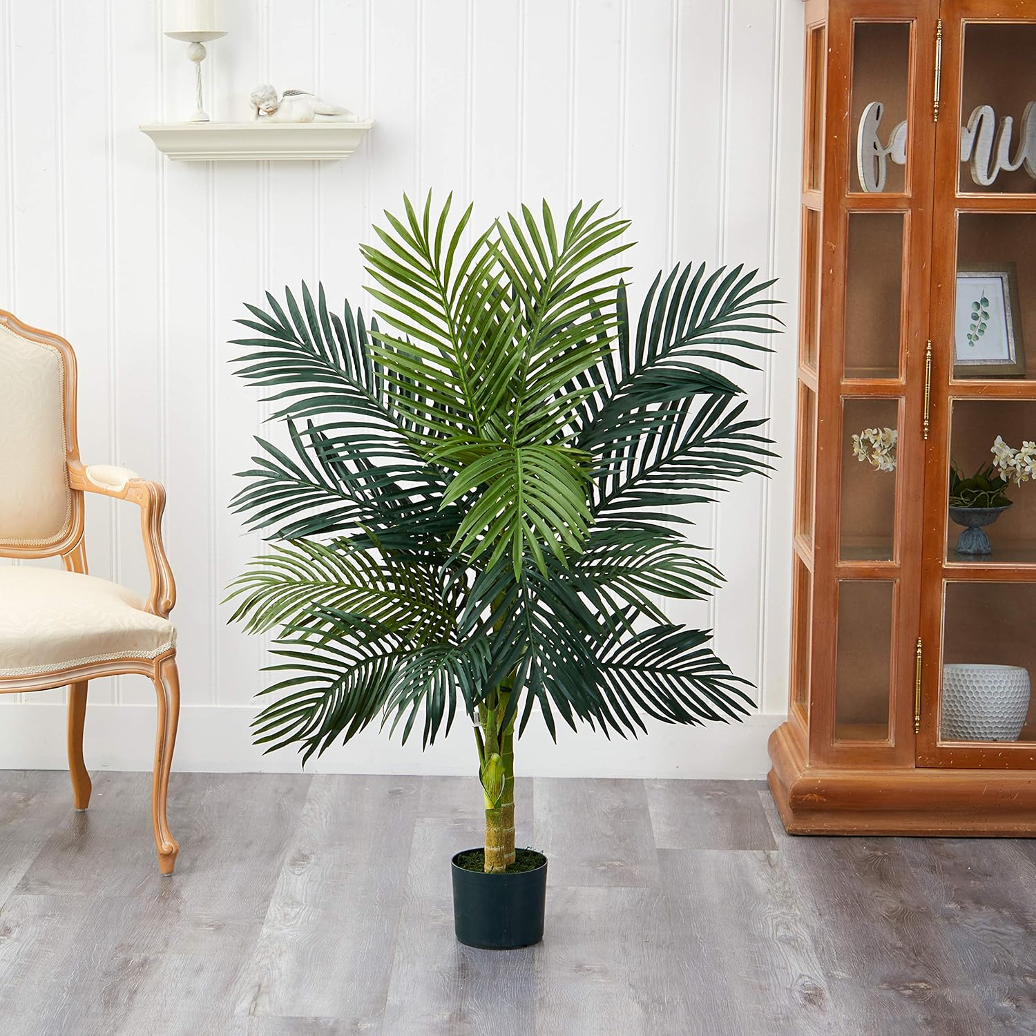 Nearly Natural Sansevieria con maceta negra y palmera de caña dorada de 4 pies