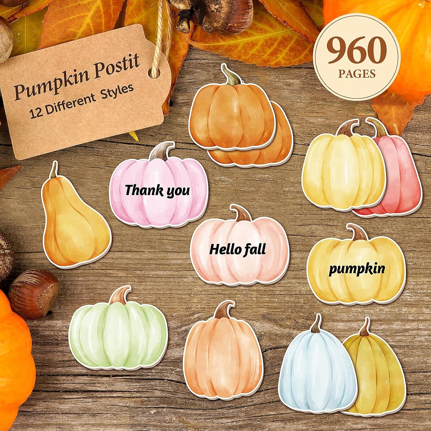 48 notas adhesivas de calabaza bohemia con forma de calabaza de acuarela colorida autoadhesivas, extraíbles, notas de estudio para escuela, oficina,