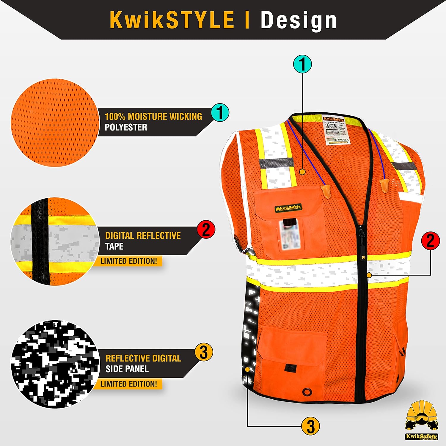 KwikSafety – Charlotte, NC – Chaleco de seguridad digital BIG KAHUNA edición limitada Clase 2 ANSI OSHA reflectante Hi Vis, equipo de trabajo