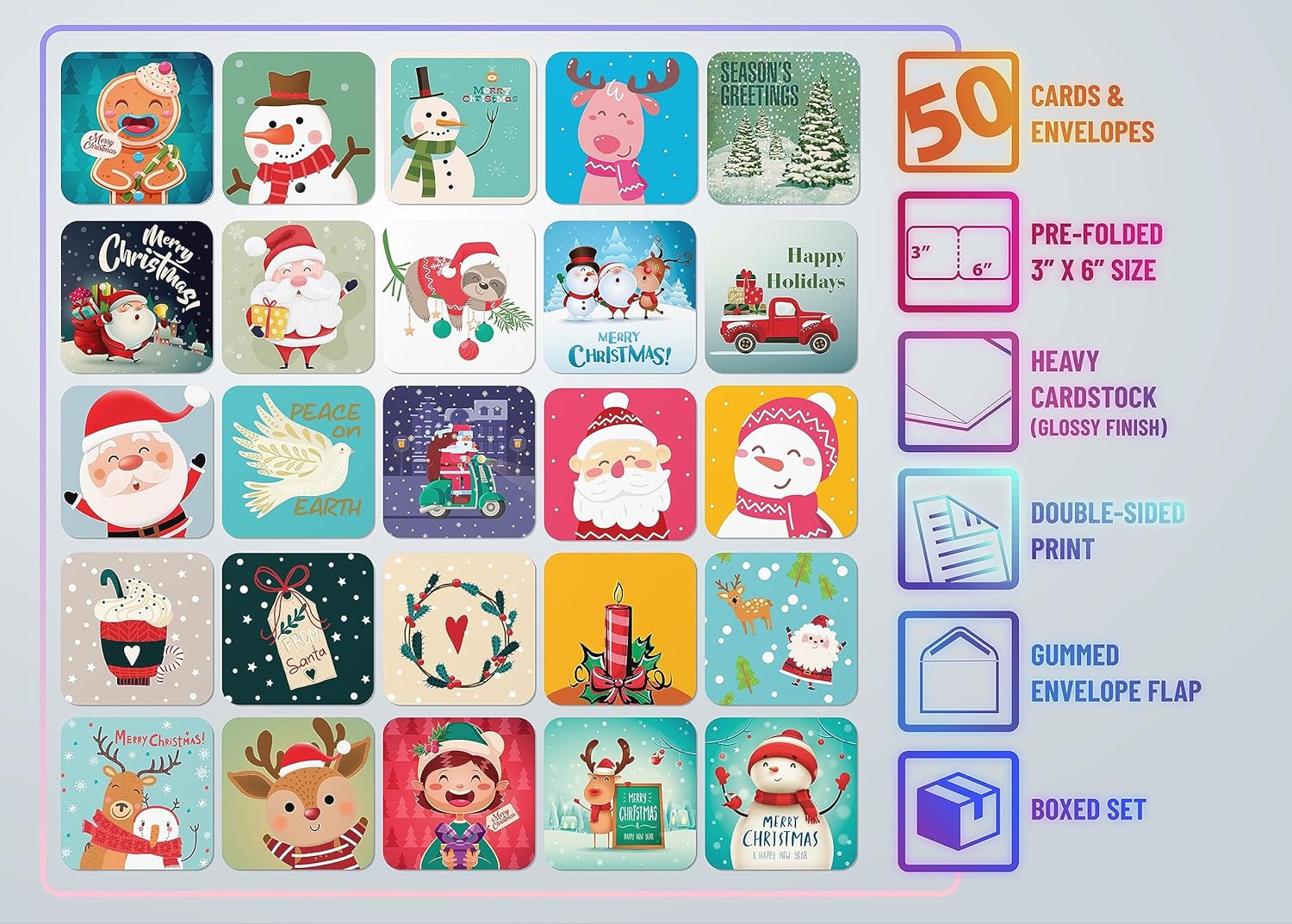Better Office Products Mini tarjetas de felicitación de Navidad y sobres, 3 x 3 pulgadas, 25 diseños únicos con sobres rojos y verdes, pequeñas