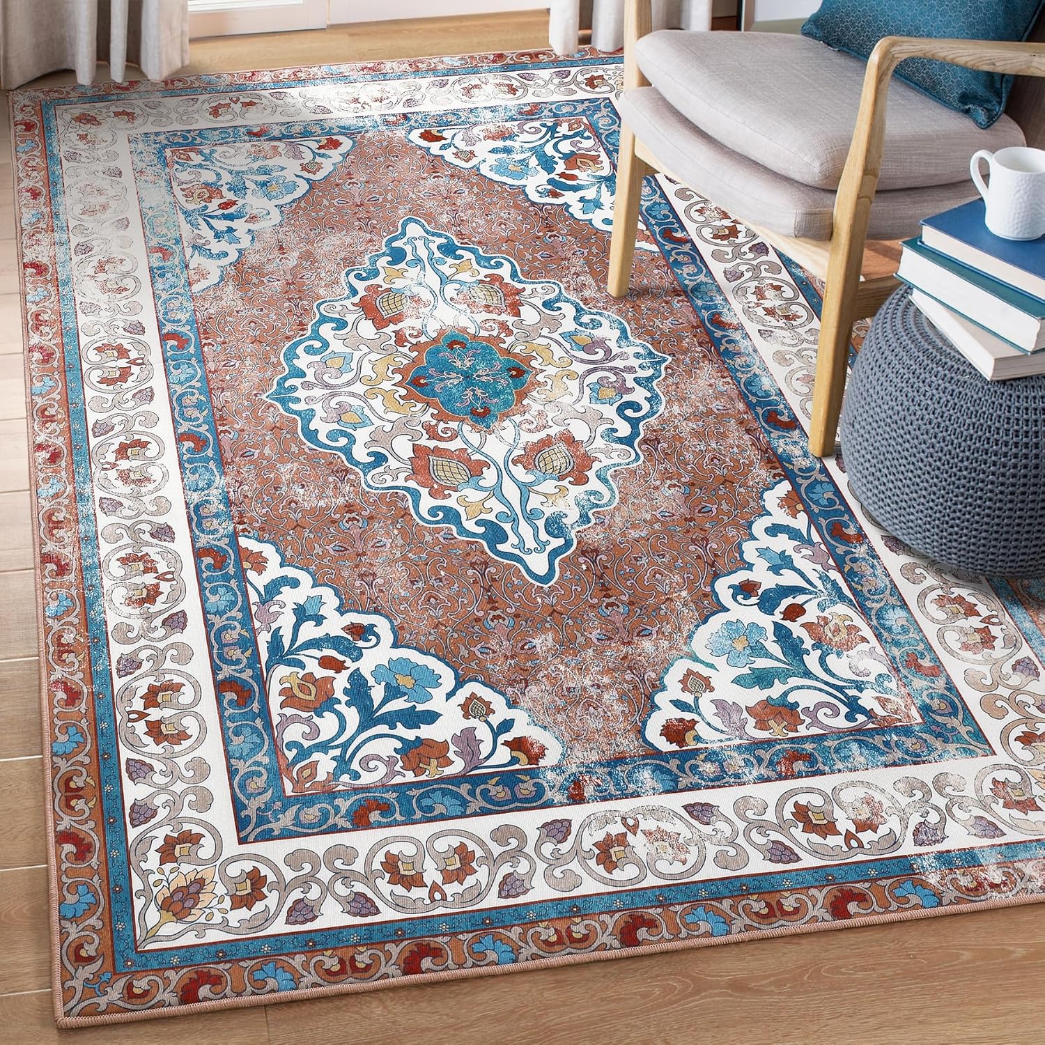 Chicrug Alfombras de área de 6 x 9 pies para sala de estar, alfombras rojas de espuma viscoelástica para dormitorio, estampado de medallón floral