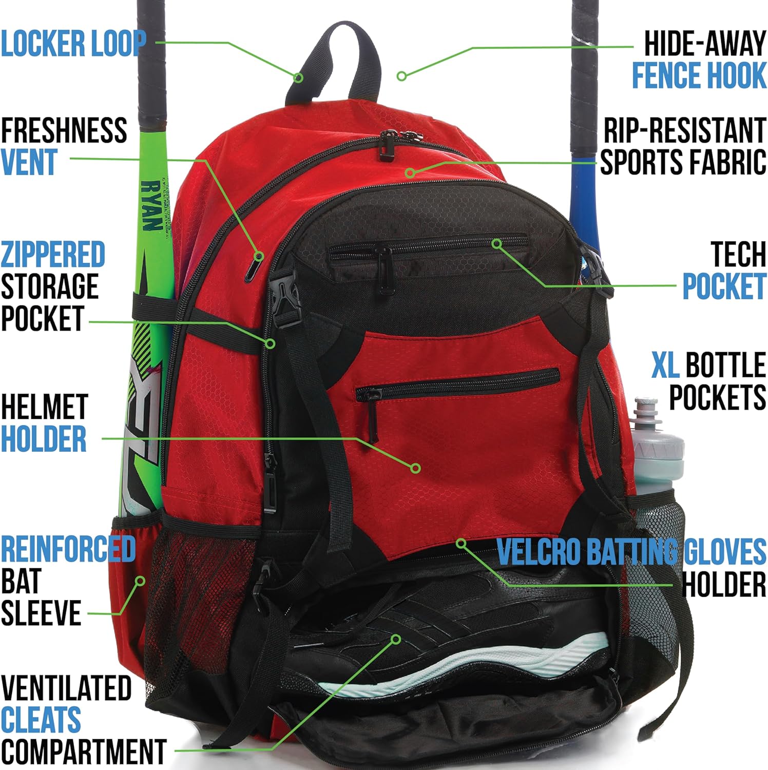 Athletico Advantage Bolsa de béisbol  Mochila de béisbol con soporte externo para casco para béisbol, T-Ball y Softbol Equipo y equipo para jóvenes