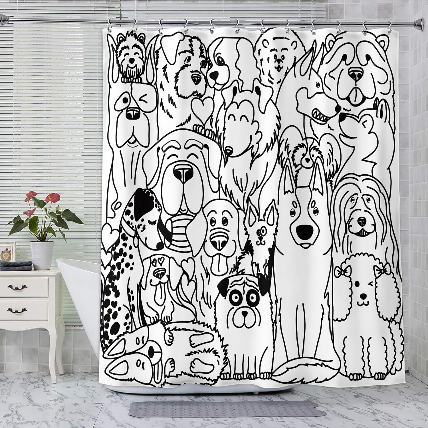 SVBright Divertida cortina de ducha con diseño de perro, 72 pulgadas de ancho x 72 pulgadas de largo, diseño de dibujos animados en blanco y negro,