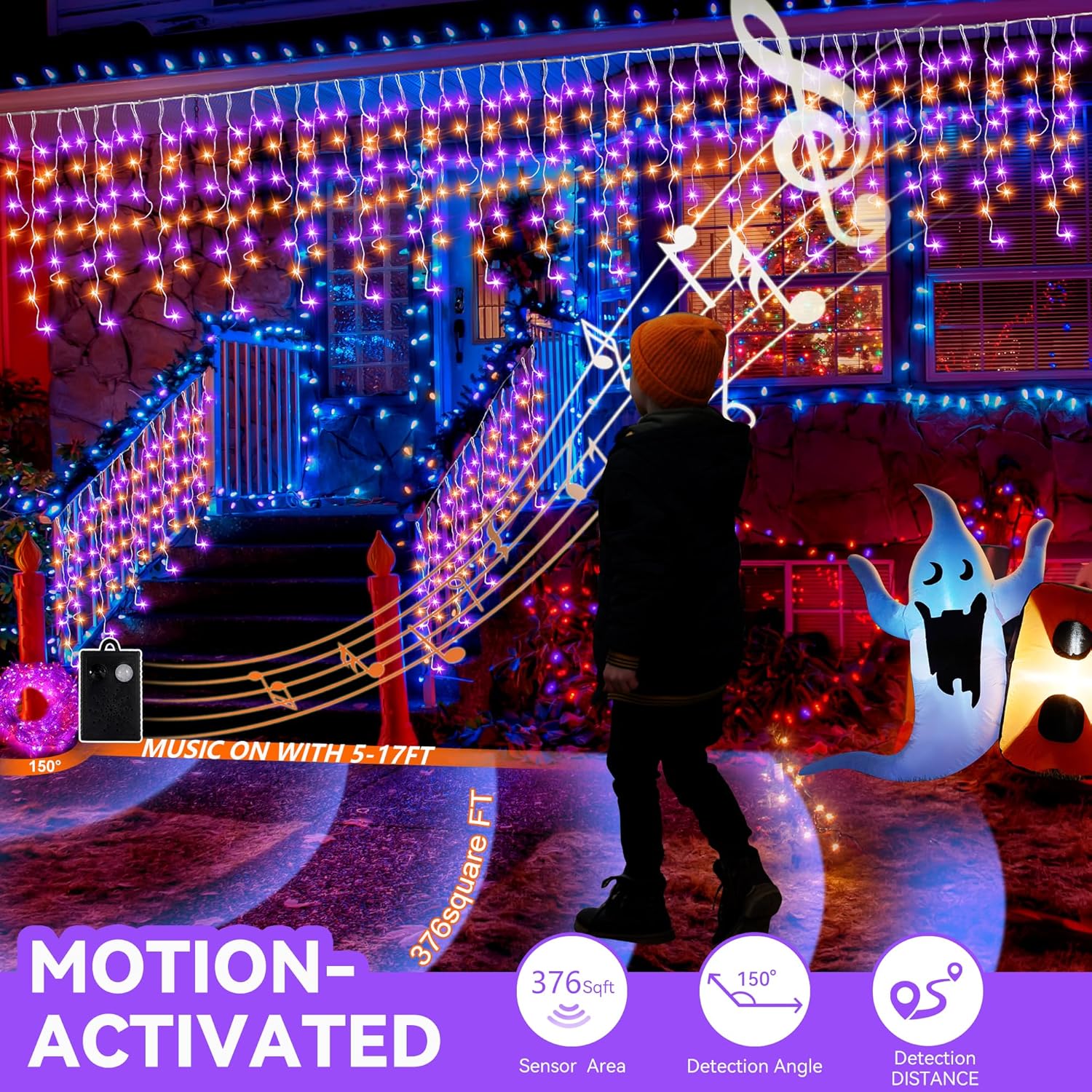 Luces de carámbano de Halloween con función de detección de movimiento de música Spook – 340 LED de 29 pies de longitud de cortina de luces púrpura