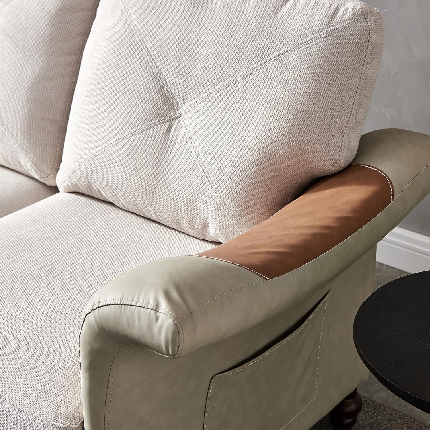 Harper & Bright Designs Sofá de 2 plazas con tela de lino, piel sintética, patas de madera maciza, sofá tapizado para 2 personas para sala de estar,