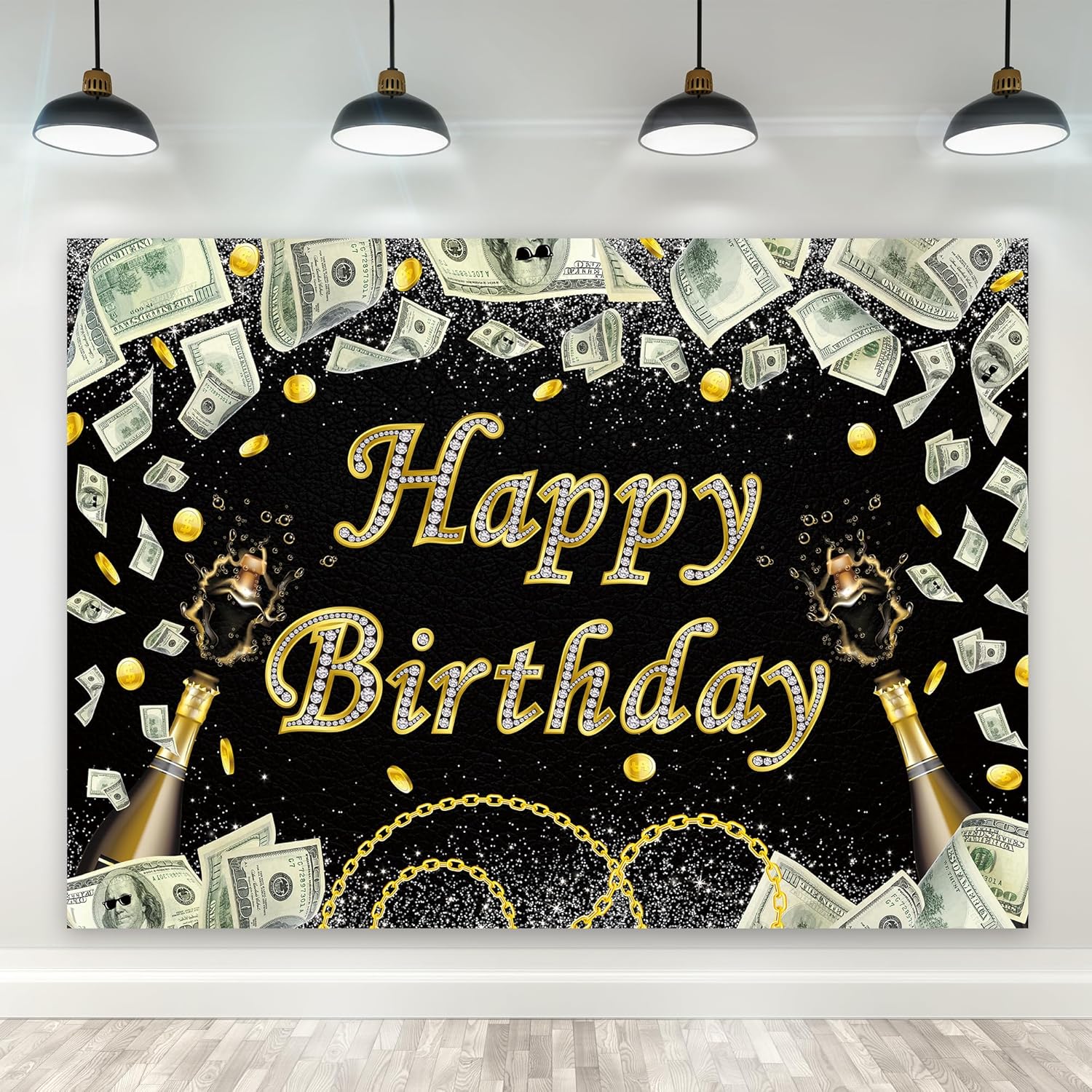 Riyidecor Telón de fondo de cumpleaños con tema de dólar de oro negro, casino, diamante, champán, 7 pulgadas de ancho x 5 de alto, tela de