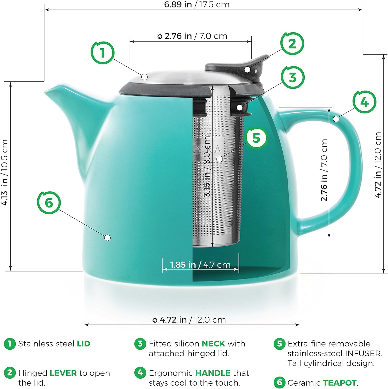 Tealyra – Tetera pequeña de cerámica Drago Turquesa – 22oz (2-3 tazas) – Con tapa de acero inoxidable e infusor extrafino para té de hojas sueltas –