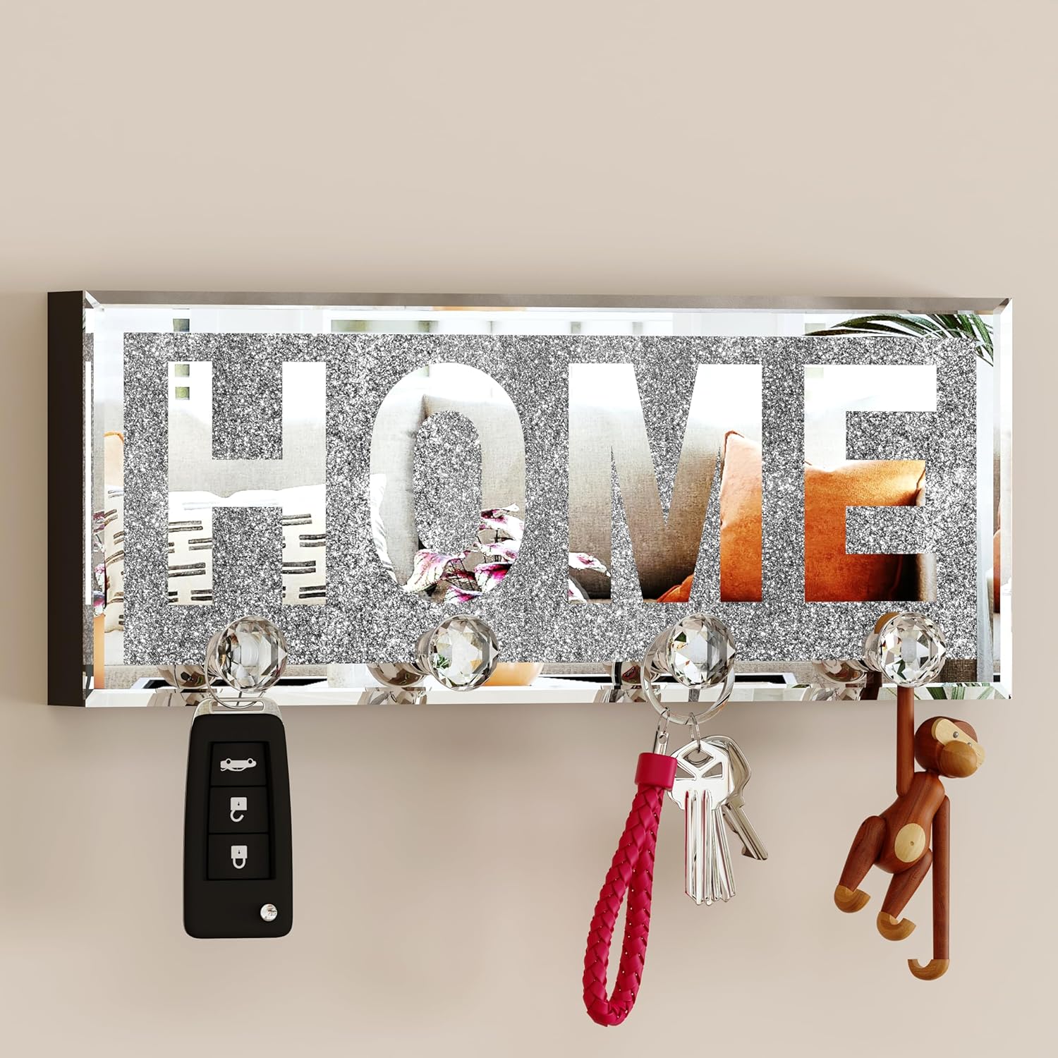 SHYFOY Ganchos transparentes para llaves, soporte para llaves, letras brillantes para el hogar, letrero de placa para decoración de pared,