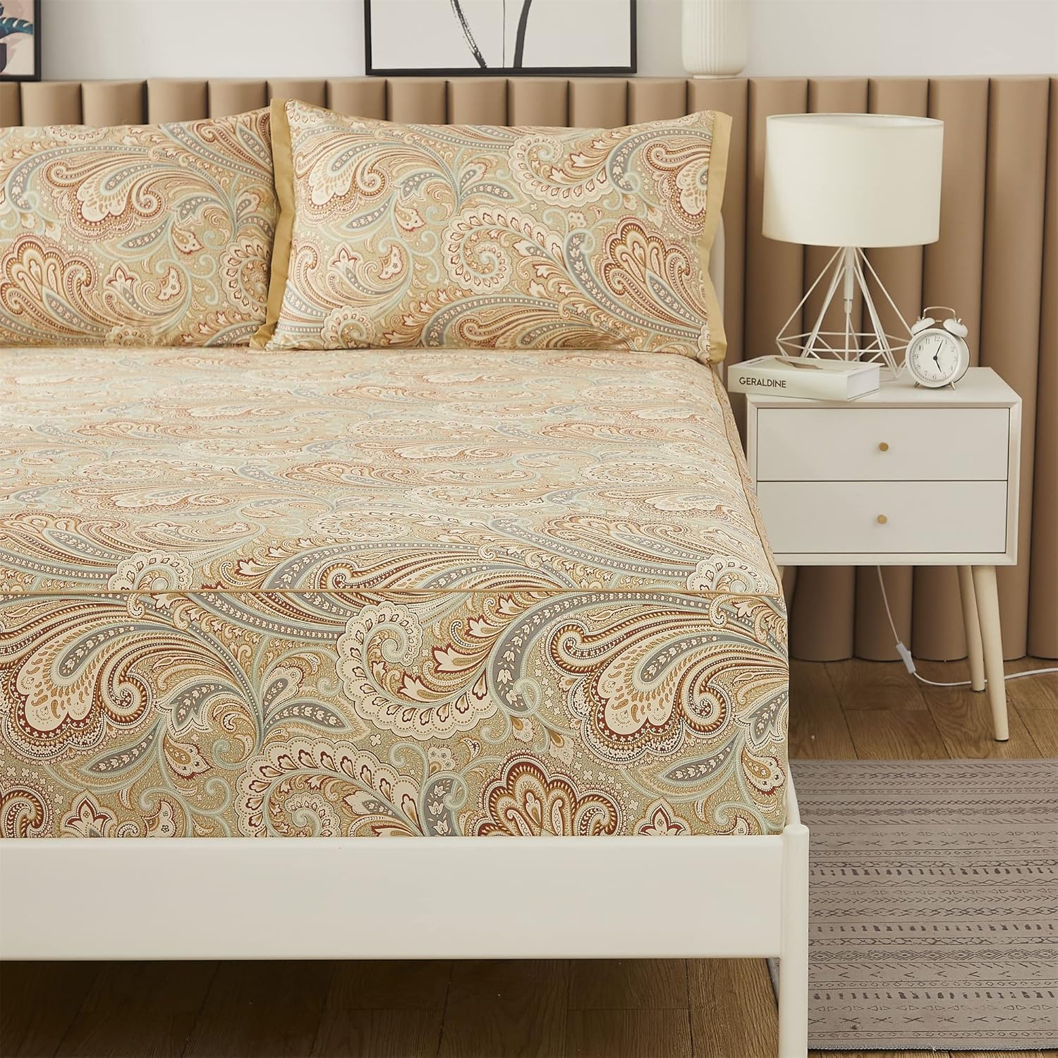 ABREEZE Juego de sábanas de lujo 100% algodón natural puro, juego de ropa de cama de 4 piezas con estampado de cachemira dorada, calidad de hotel,