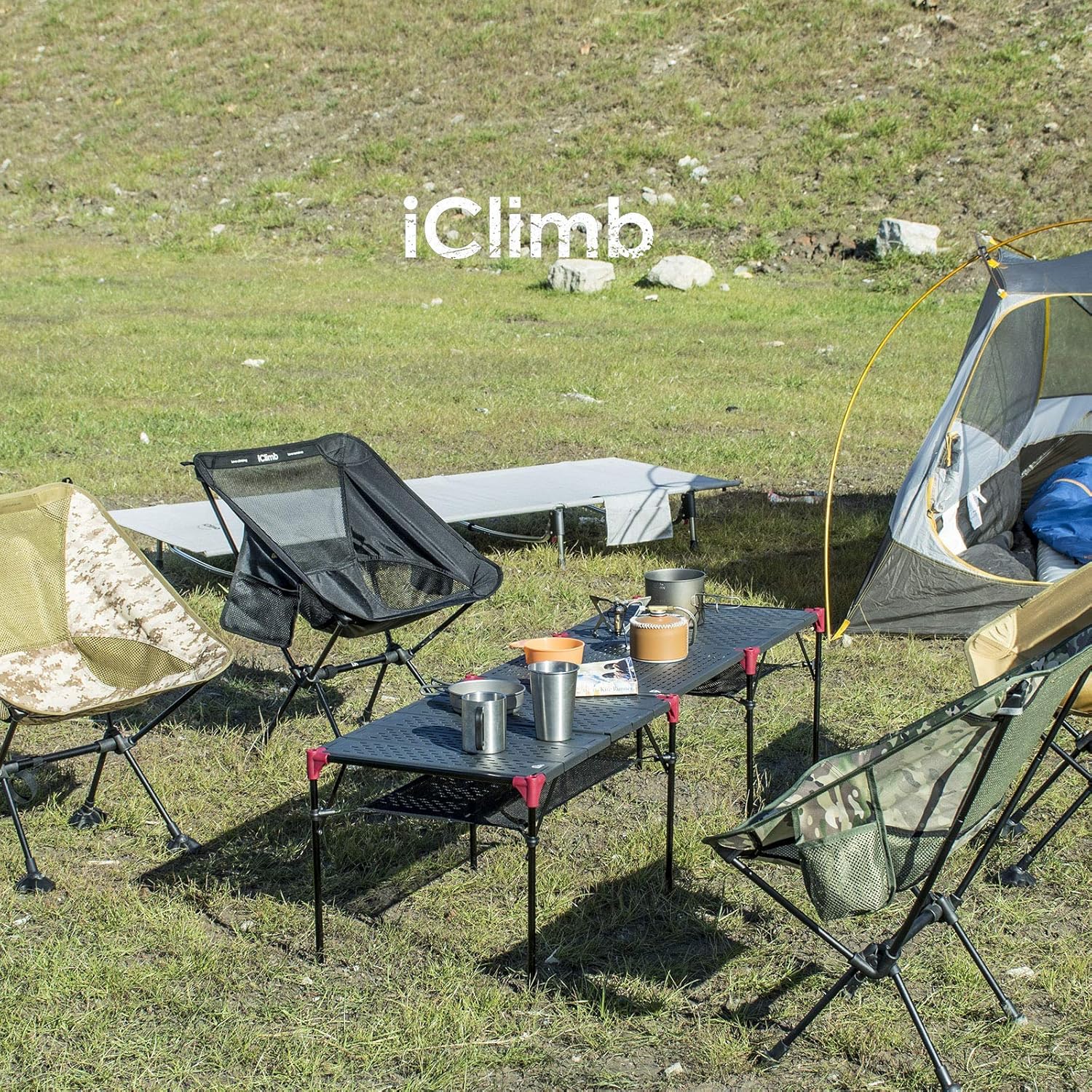 iClimb Mesa plegable extensible, área de mesa grande, ultraligera, compacta con mesa hueca y bolsa de transporte para camping, mochilero, playa,