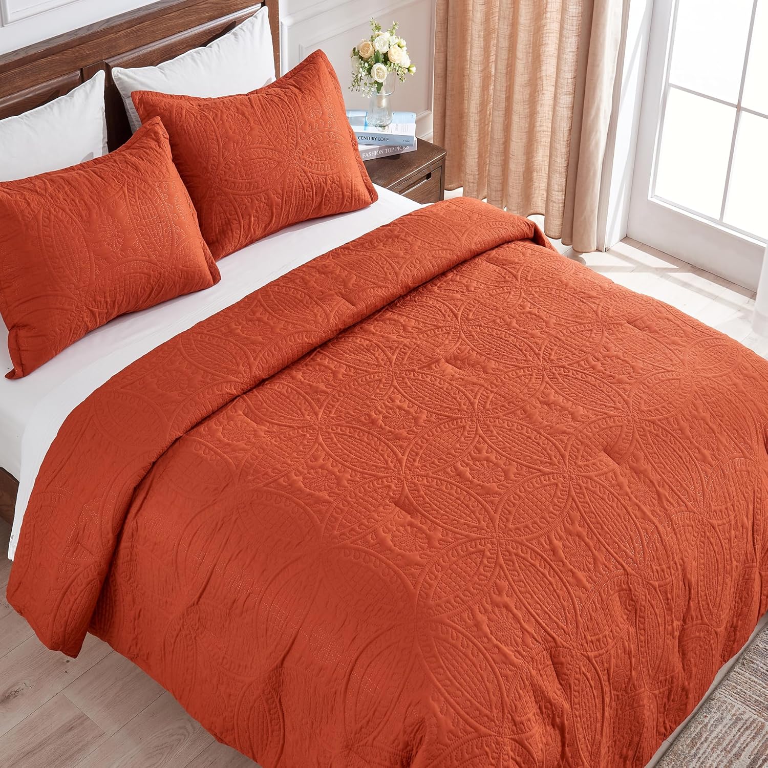 YOZEN Juego de edredón de tamaño matrimonial, color naranja quemado, juego de ropa de cama bohemio de medallón de terracota sólido de 3 piezas,