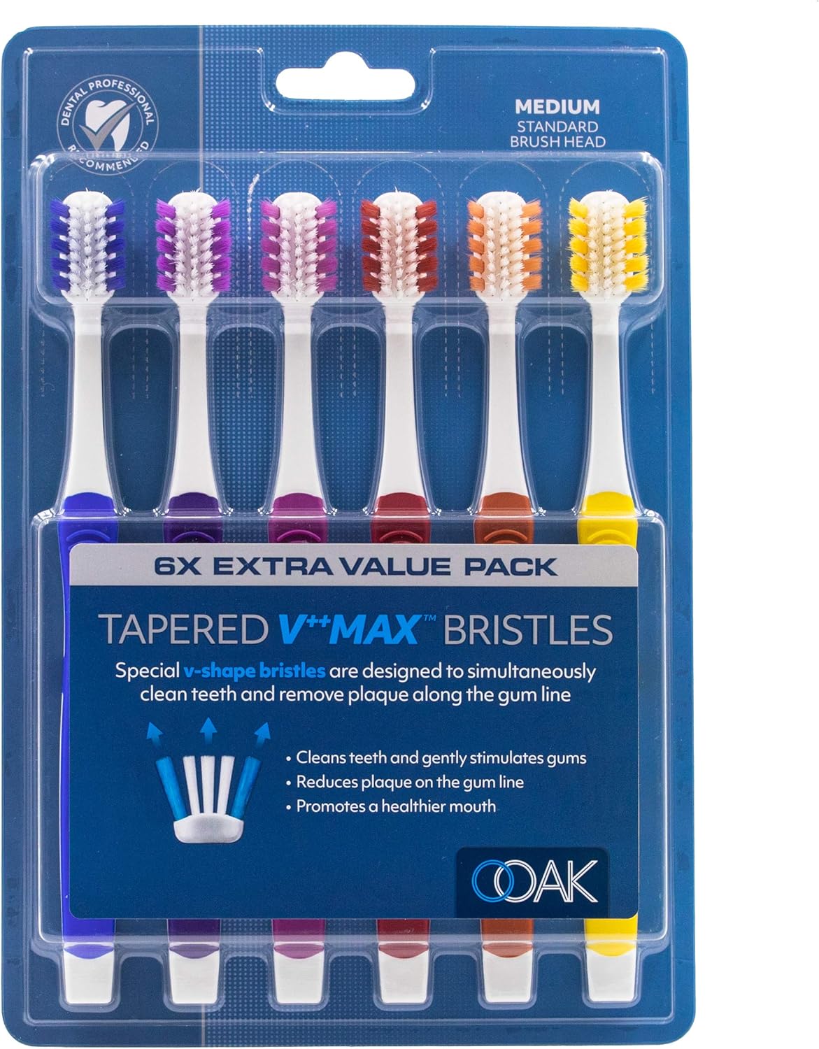 OOAK Cepillo de dientes, cerdas medianas cónicas V++Max, paquete de 6, varios colores