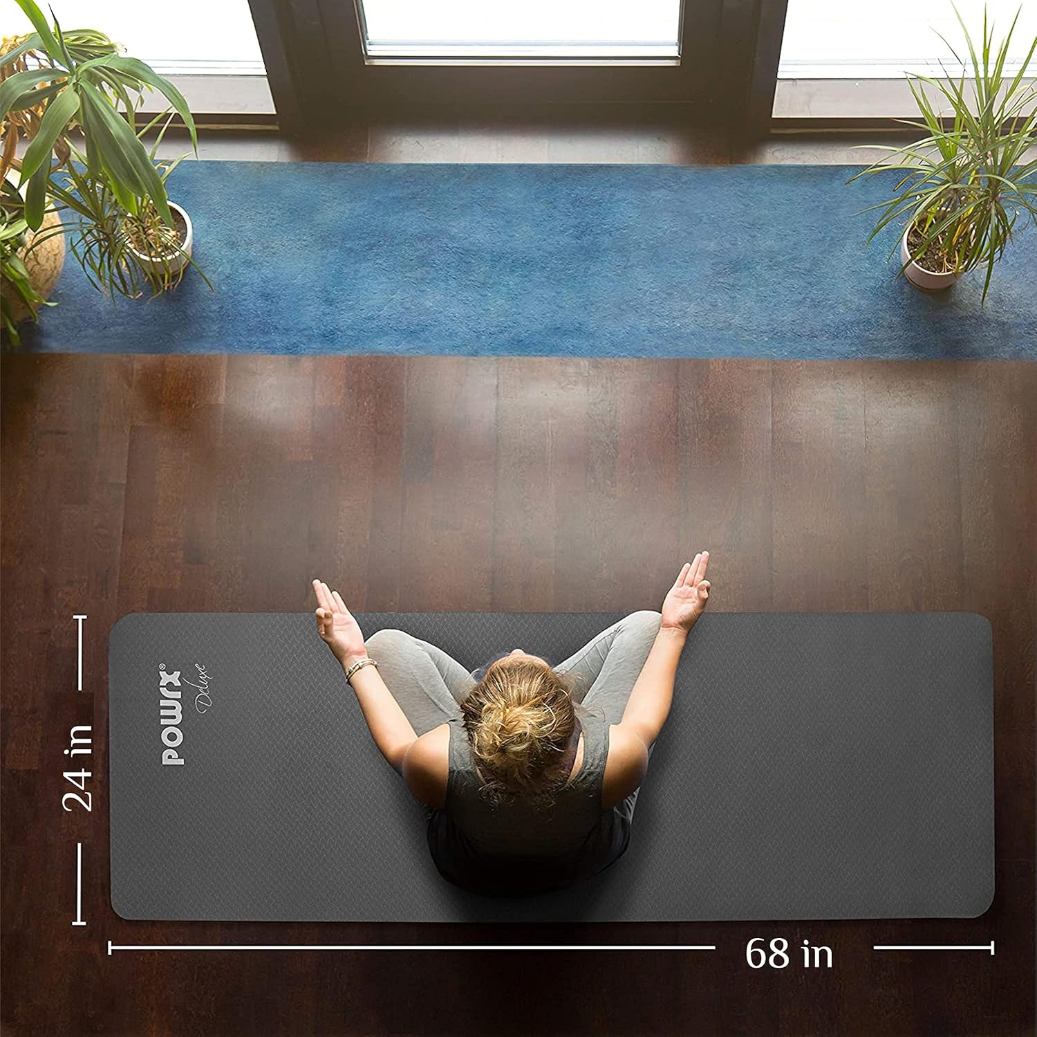 POWRX Tapete de yoga TPE con bolsa, tapete de ejercicio para entrenamiento, tapete de yoga grande antideslizante para mujer, 68 x 24 pulgadas de
