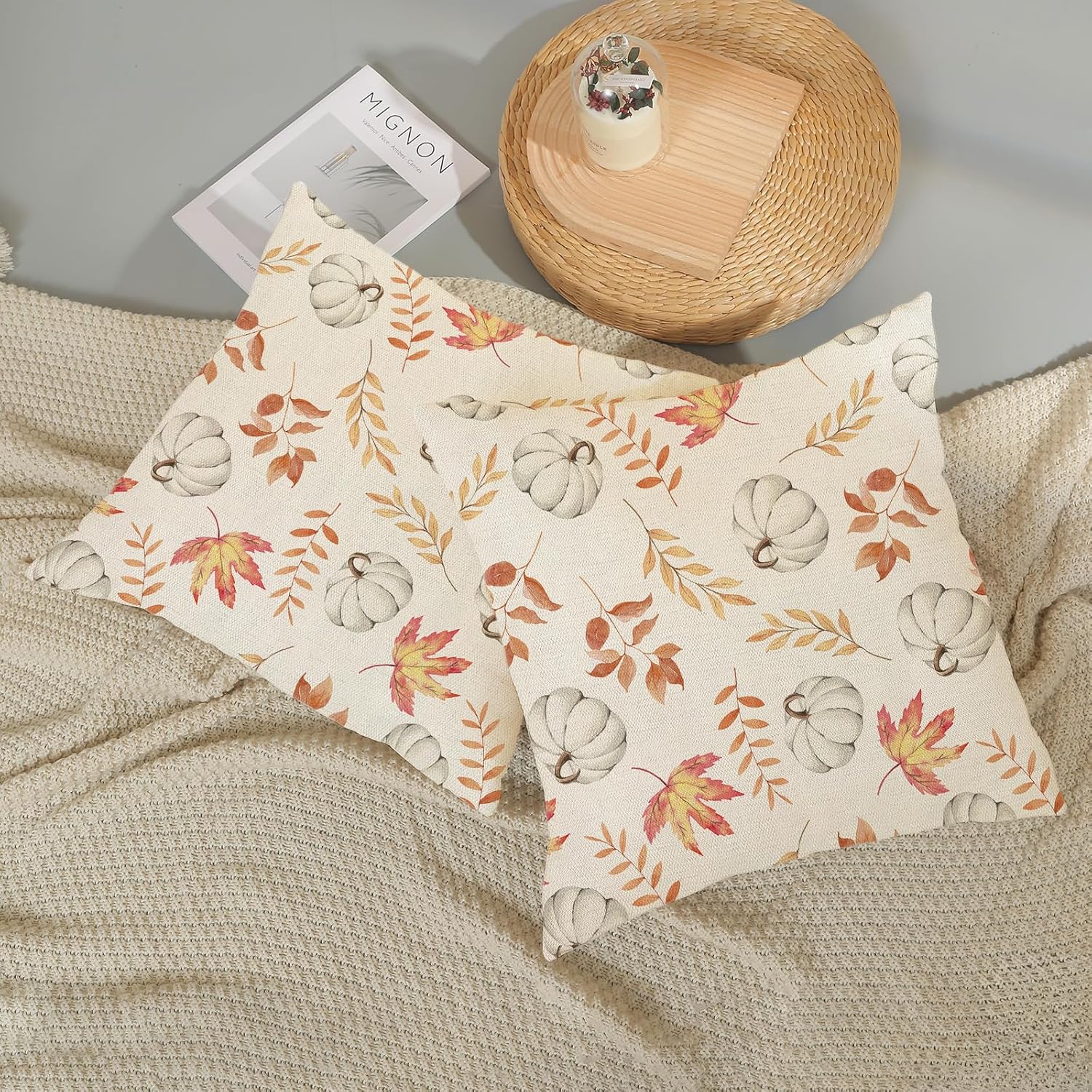 Juego de 2 fundas de almohada de otoño de 22 x 22 pulgadas, diseño de calabaza y hoja de arce, fundas de almohada decorativas de lino para otoño,