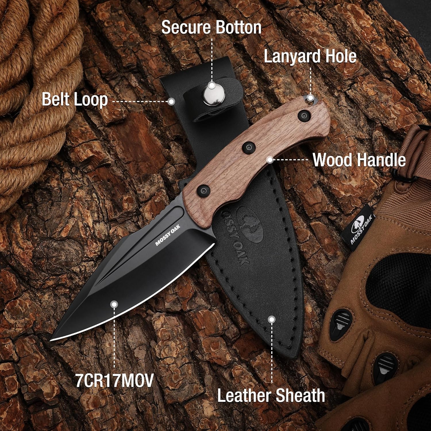 Mossy Oak Cuchillo de hoja fija de 8.5″ con funda de cuero-mango de madera