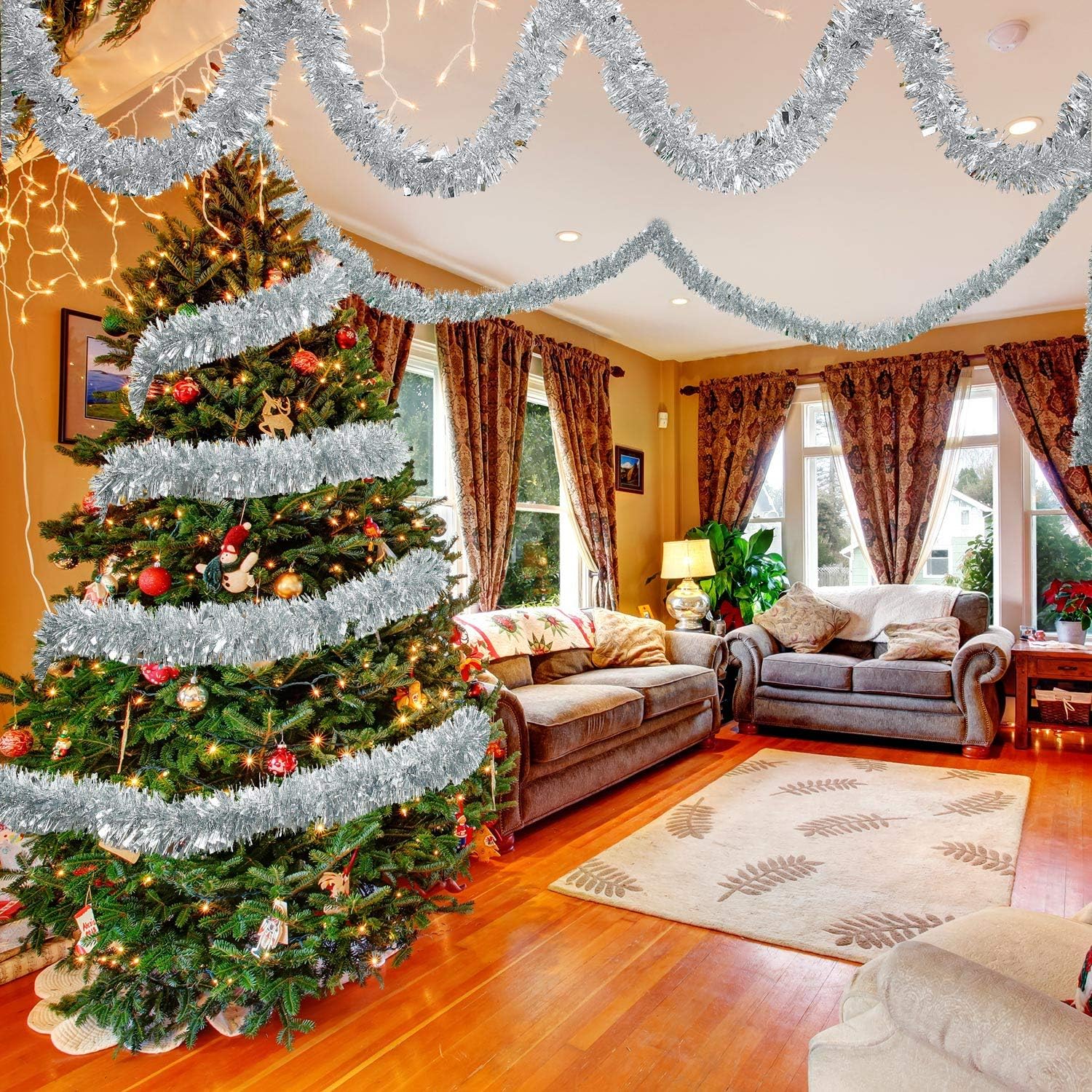WILLBOND Guirnalda de oropel de Navidad de 50 pies en 1 unidad, guirnalda metálica de oropel torcido, decoración de árbol de Navidad, cumpleaños,