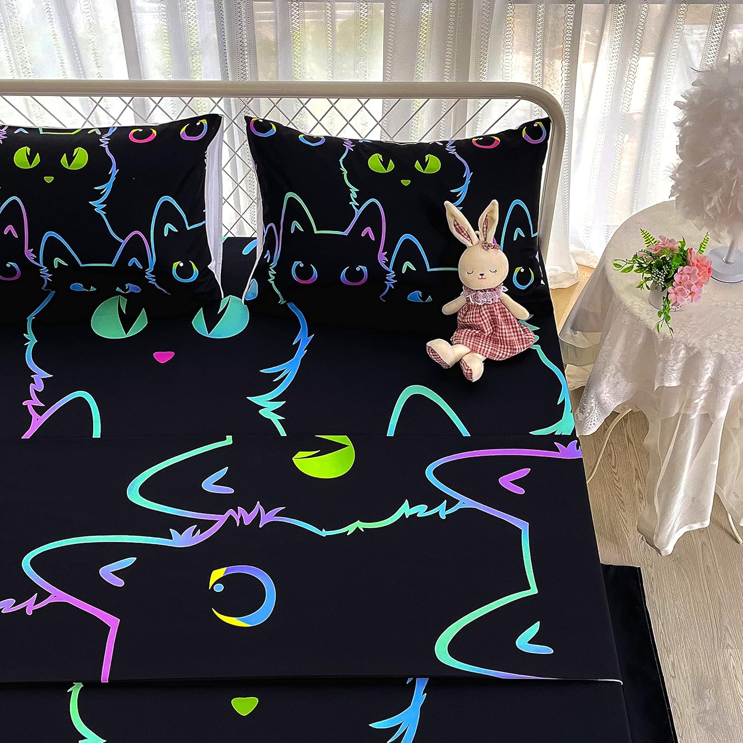 BailiPromise Lindo juego de sábanas de dibujos animados de gatos, tamaño individual, sábanas Kawaii con diseño de animales de trazos simples con
