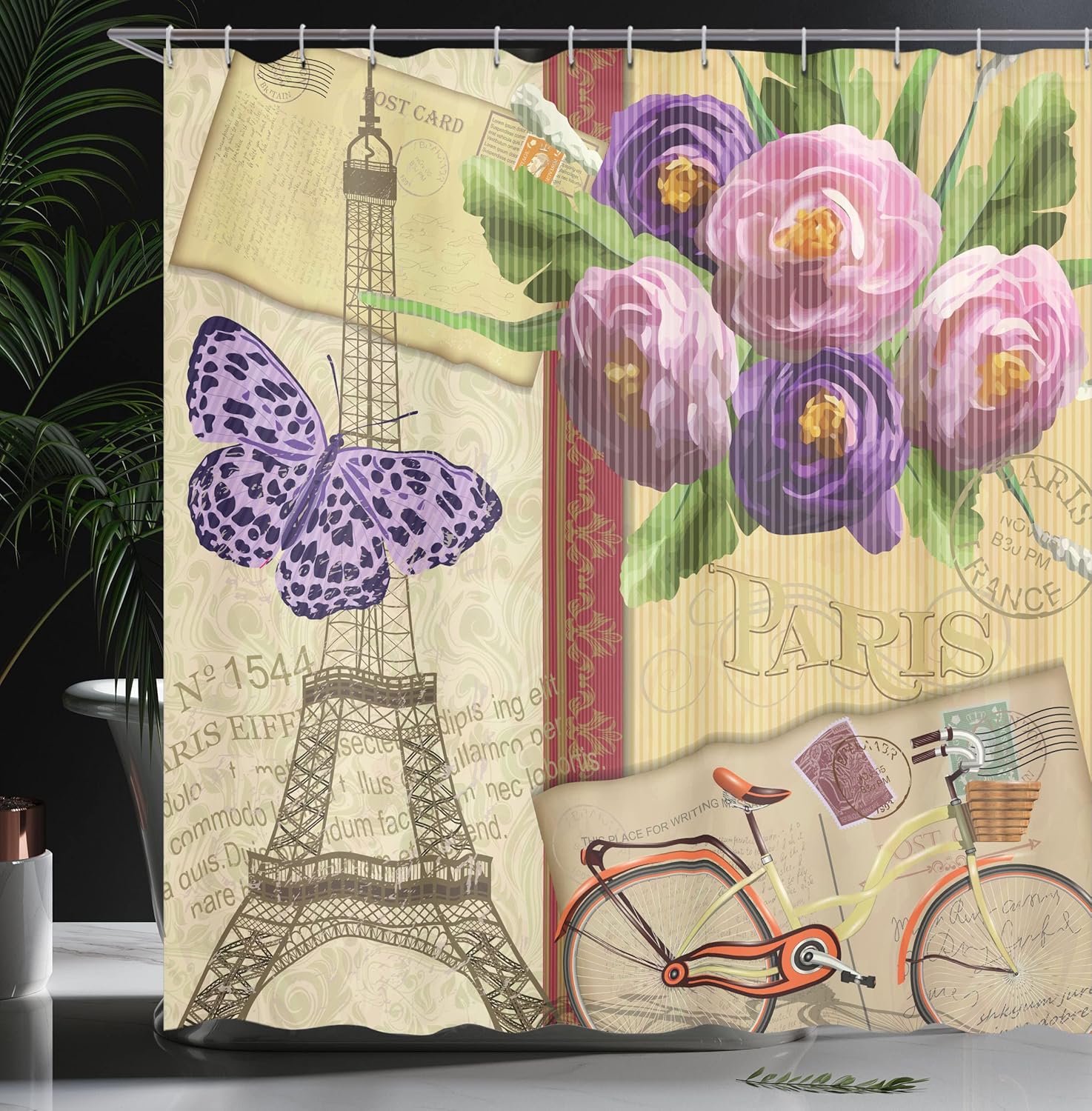 Ambesonne Cortina de ducha de París, famoso monumento francés de la Torre Eiffel con impresión abstracta de fondo a rayas, juego de decoración de