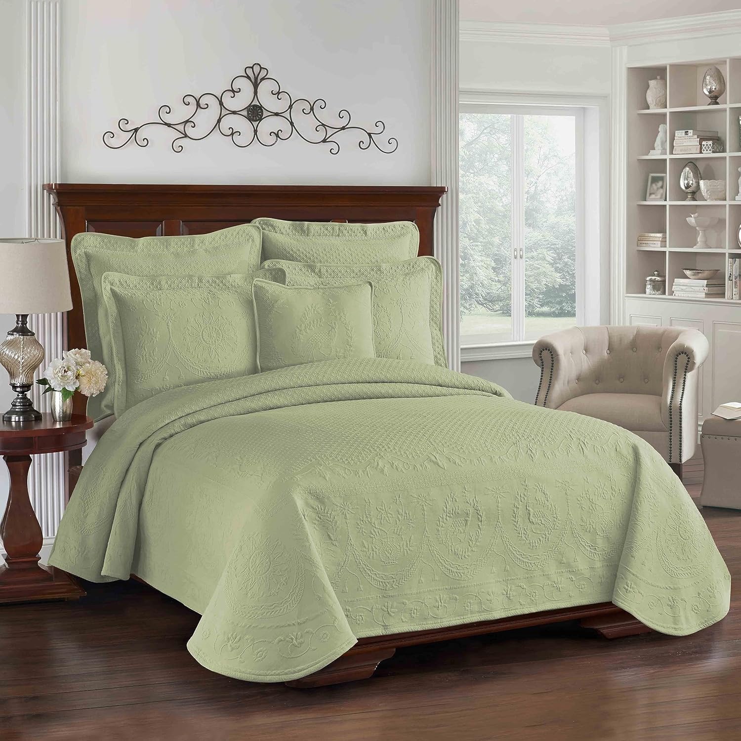 King Charles – Funda de almohada decorativa moderna de matelasse floral, 100% algodón, transpirable, funda estándar (20 x 26 pulgadas), salvia