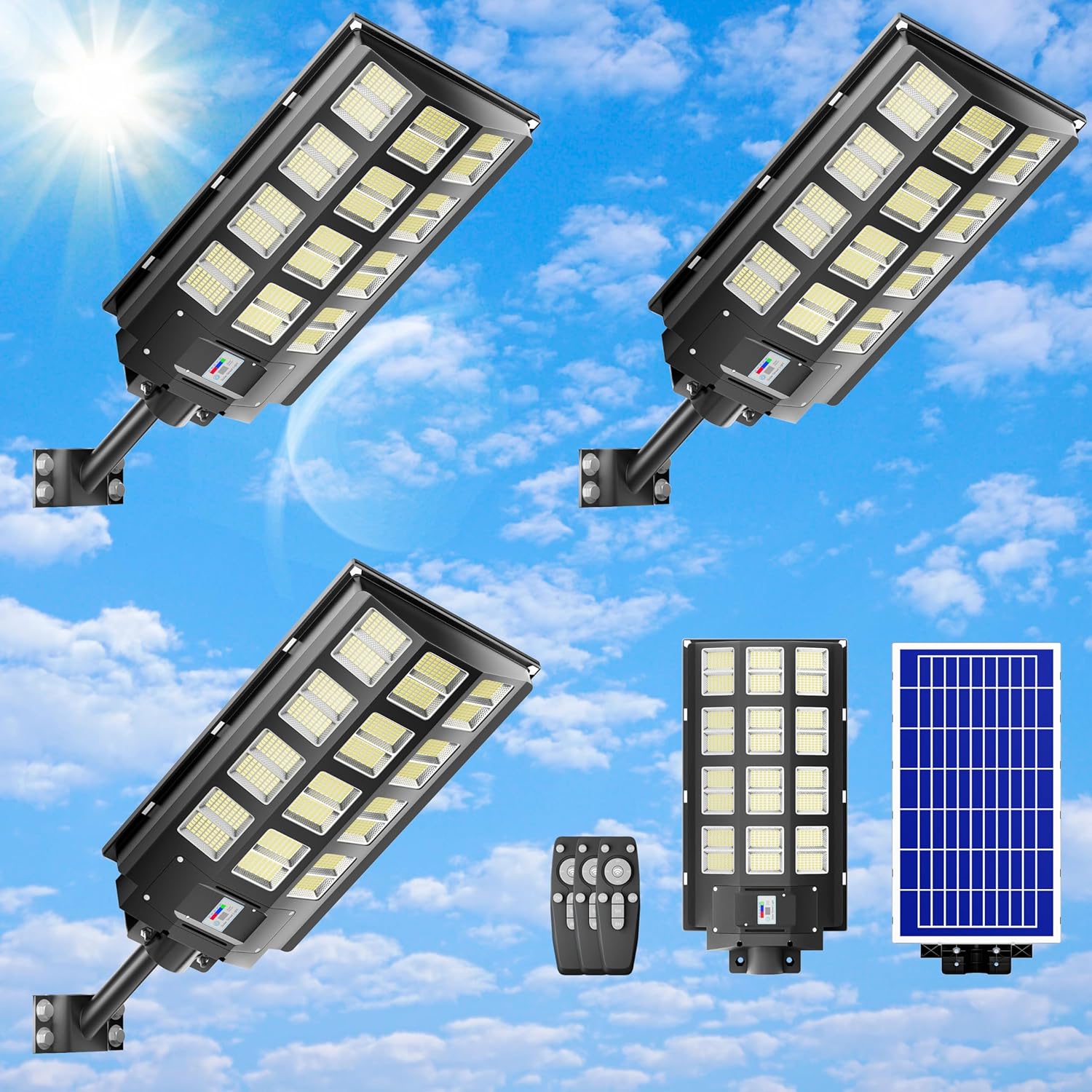 Paquete de 3 luces solares para estacionamiento, luz solar de 4800 W, 360000 lúmenes, luces de calle del atardecer al amanecer, funciona con energía