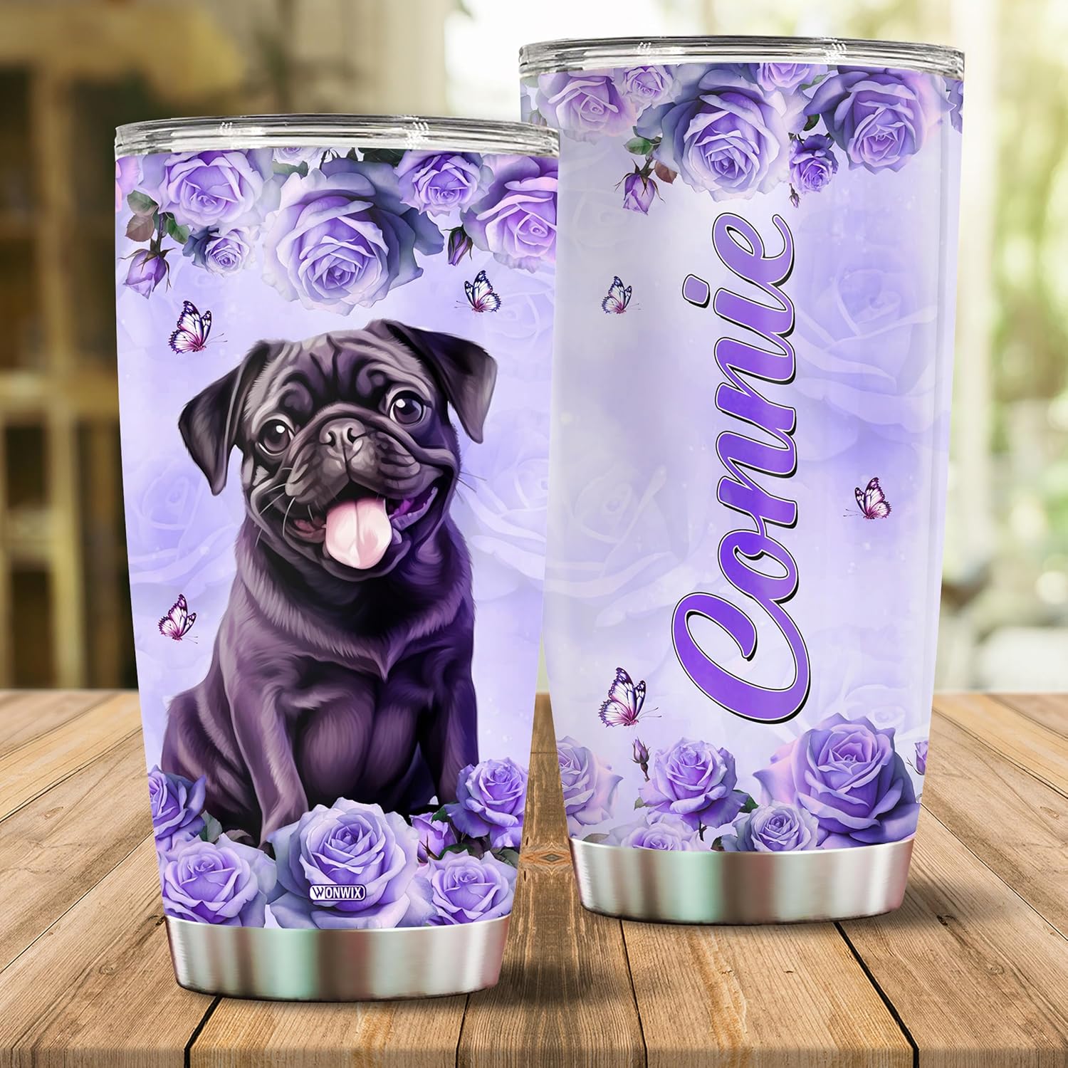 WONWIX Regalos personalizados con temática de pug para mujeres, taza de café, vaso térmico de 20 onzas con aislamiento de acero inoxidable con tapa,