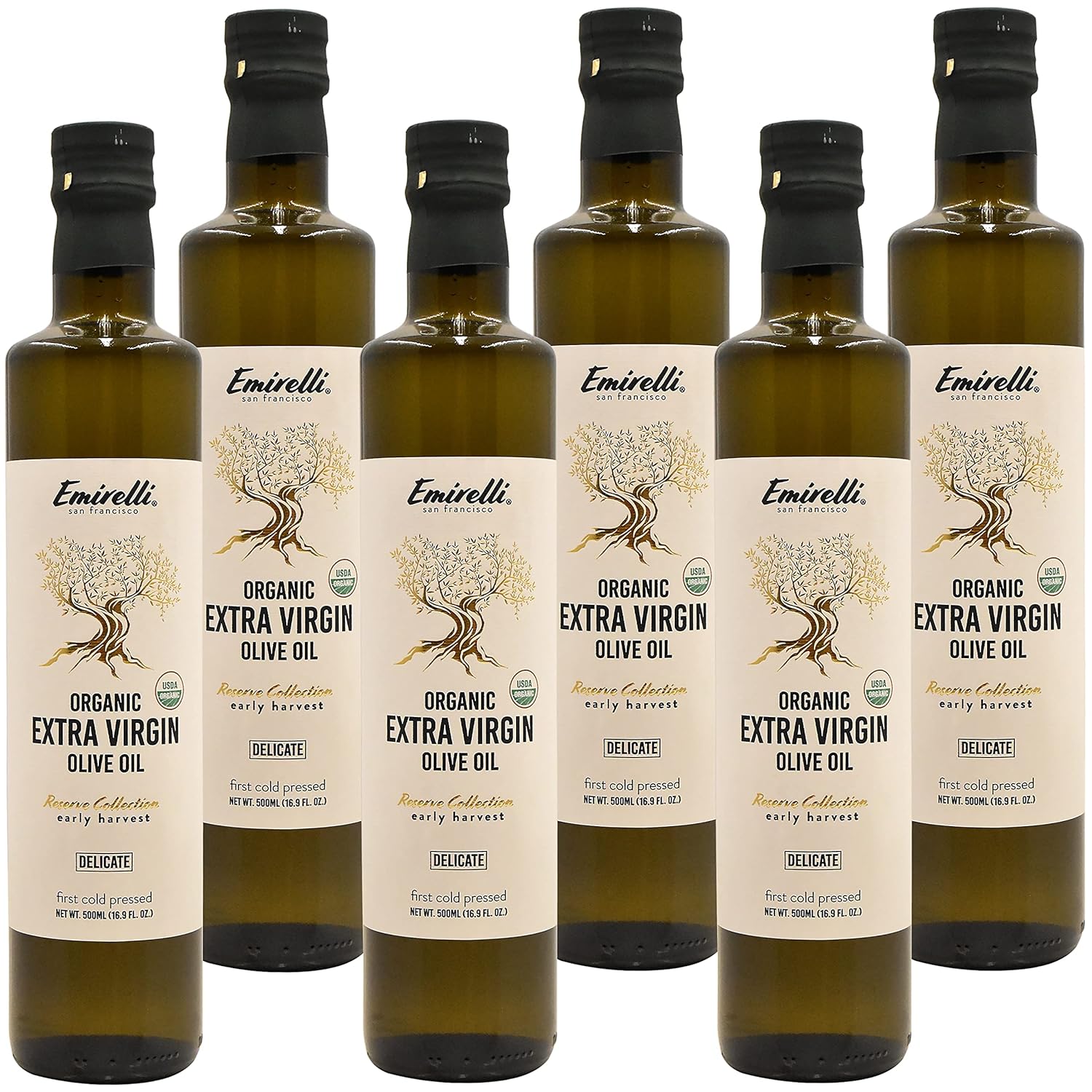 Emirelli Aceite de oliva virgen extra orgánico, certificado por USDA, rico en polifenoles, primer prensado en frío, cosecha temprana, sabor suave,