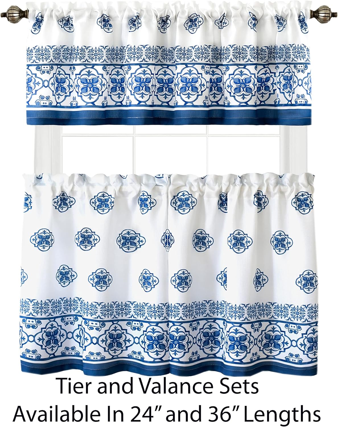 Newbridge Mykonos – Mantel de tela con borde de azulejos mediterráneos, estampado de medallón azul para interiorexterior, resistente a las manchas,