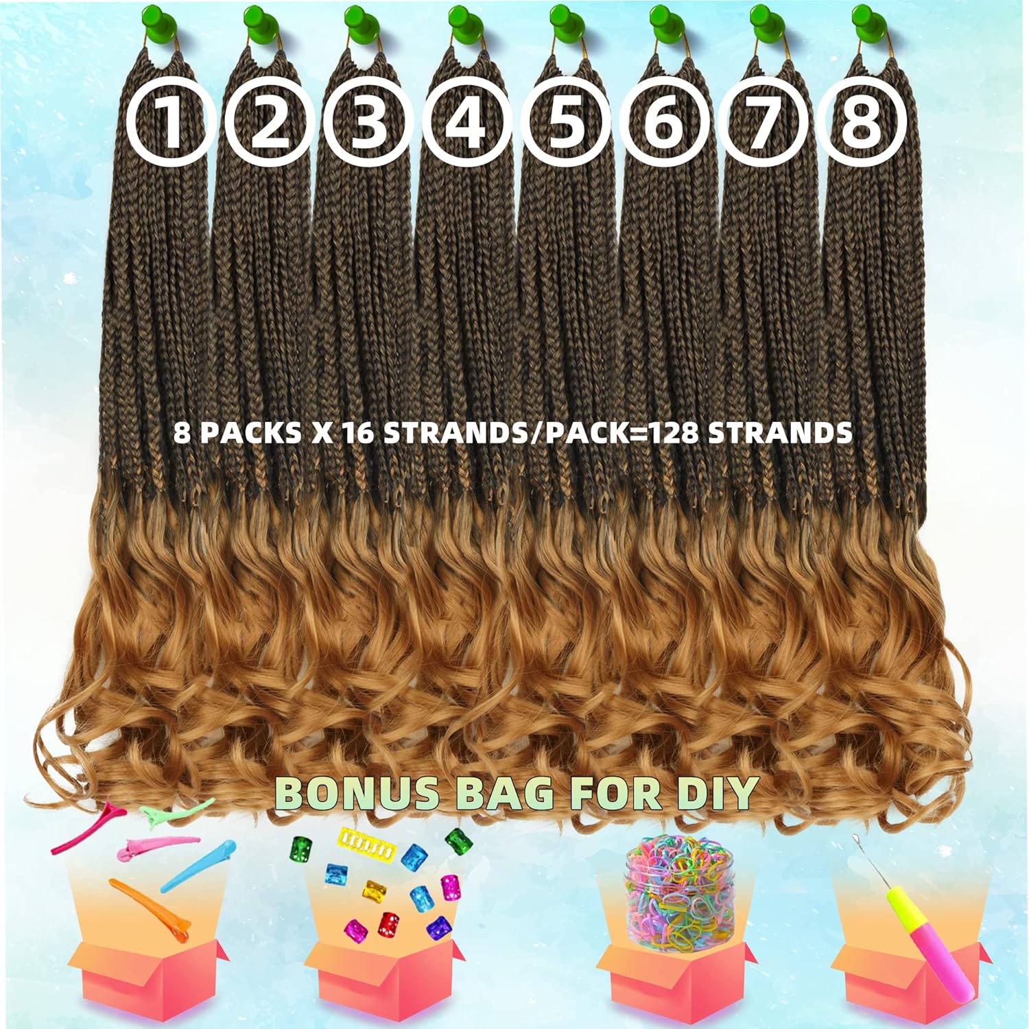 Paquete de 8 trenzas de ganchillo rizadas francesas para mujeres de color, 18 pulgadas, paquete de 8 trenzas de caja diosa, extensiones de cabello