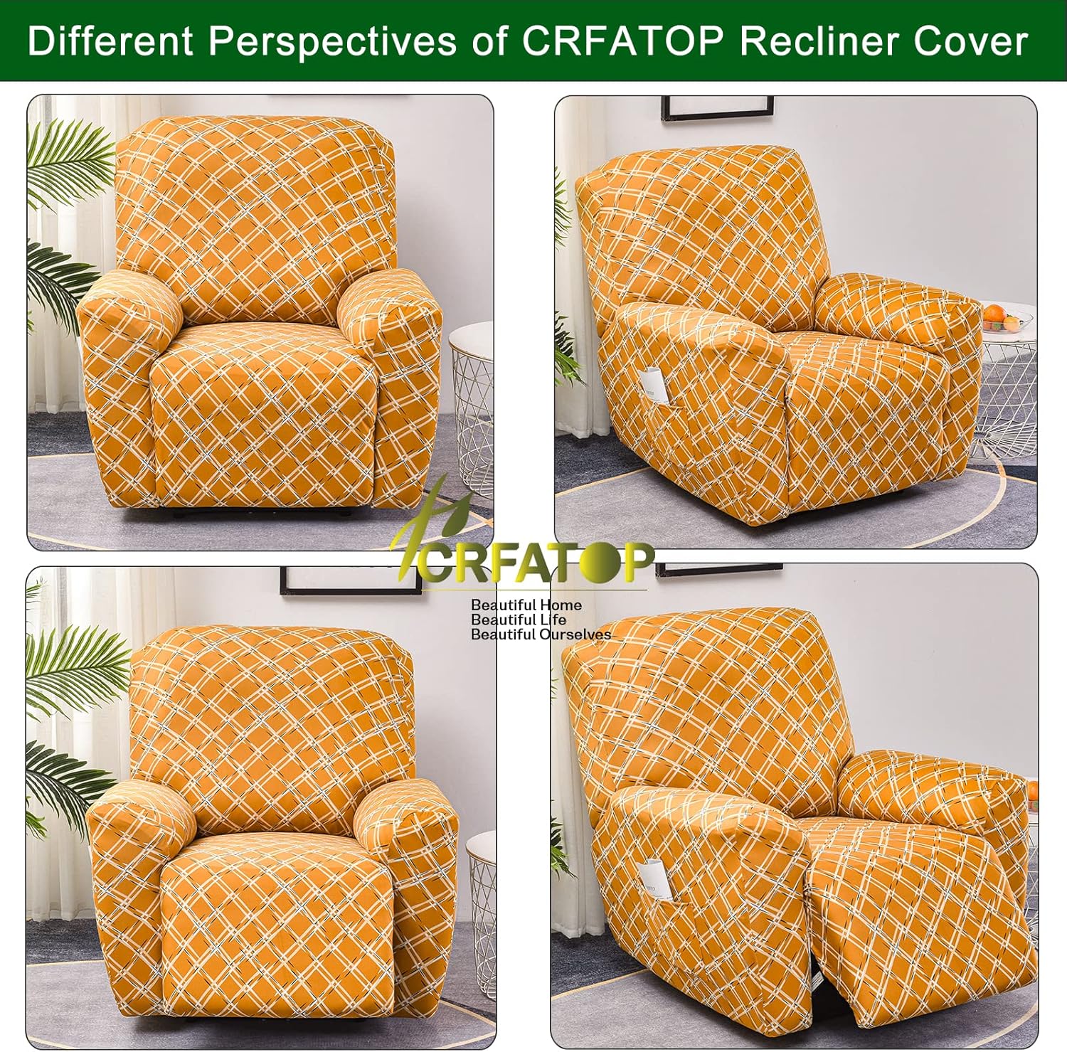 CRFATOP Funda reclinable con estampado floral con bolsillos, funda reclinable individual, 4 piezas, funda para sillón reclinable con parte inferior