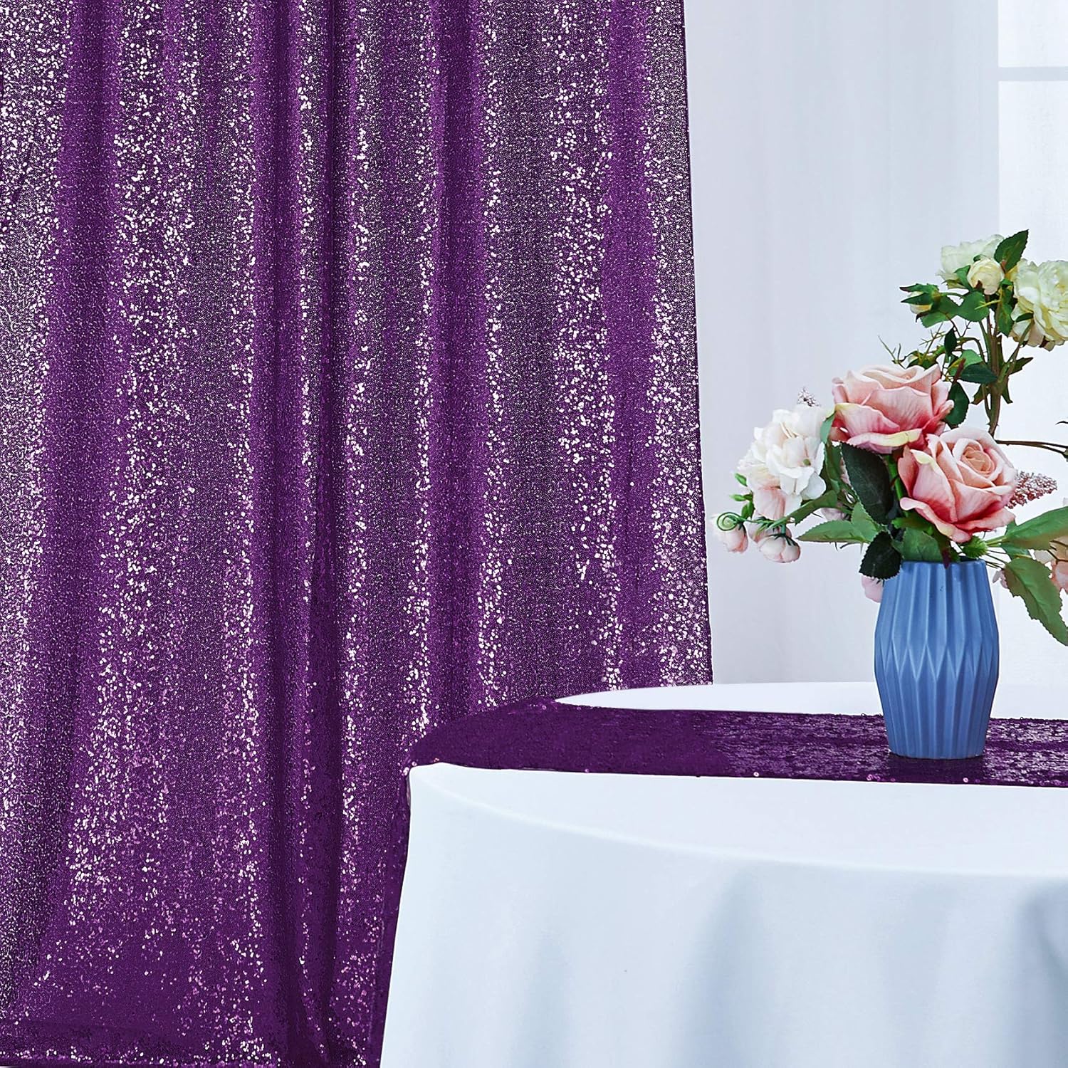 2 paneles de cortinas de fondo de lentejuelas moradas de 8 pies, fondo de tela con purpurina para decoración de Navidad, boda, fiesta