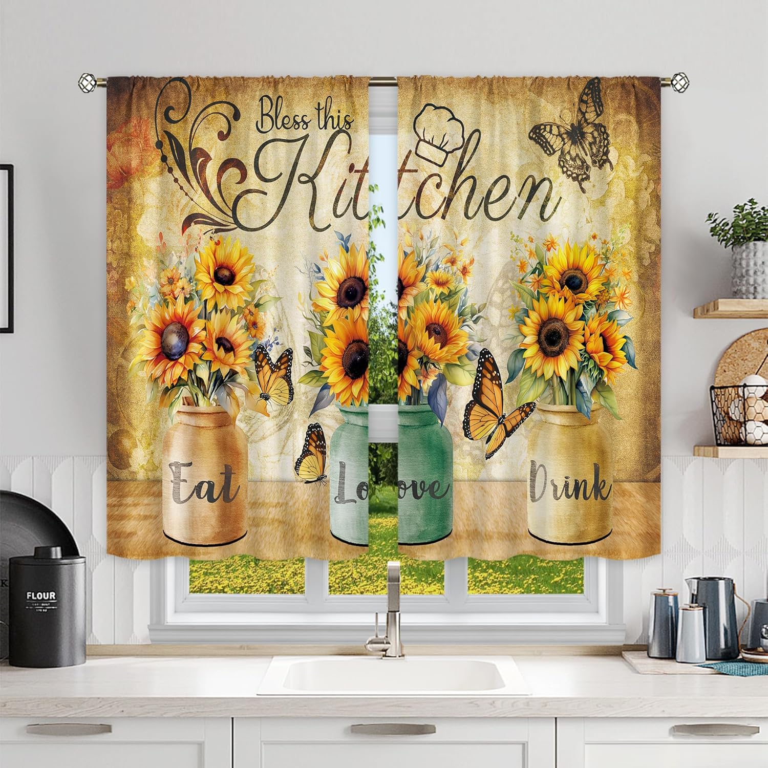 Cortinas de cocina de girasol para dormitorio, 27.5 pulgadas de ancho x 39 pulgadas de alto, bolsillo para barra, retro, rústico, amarillo, floral,