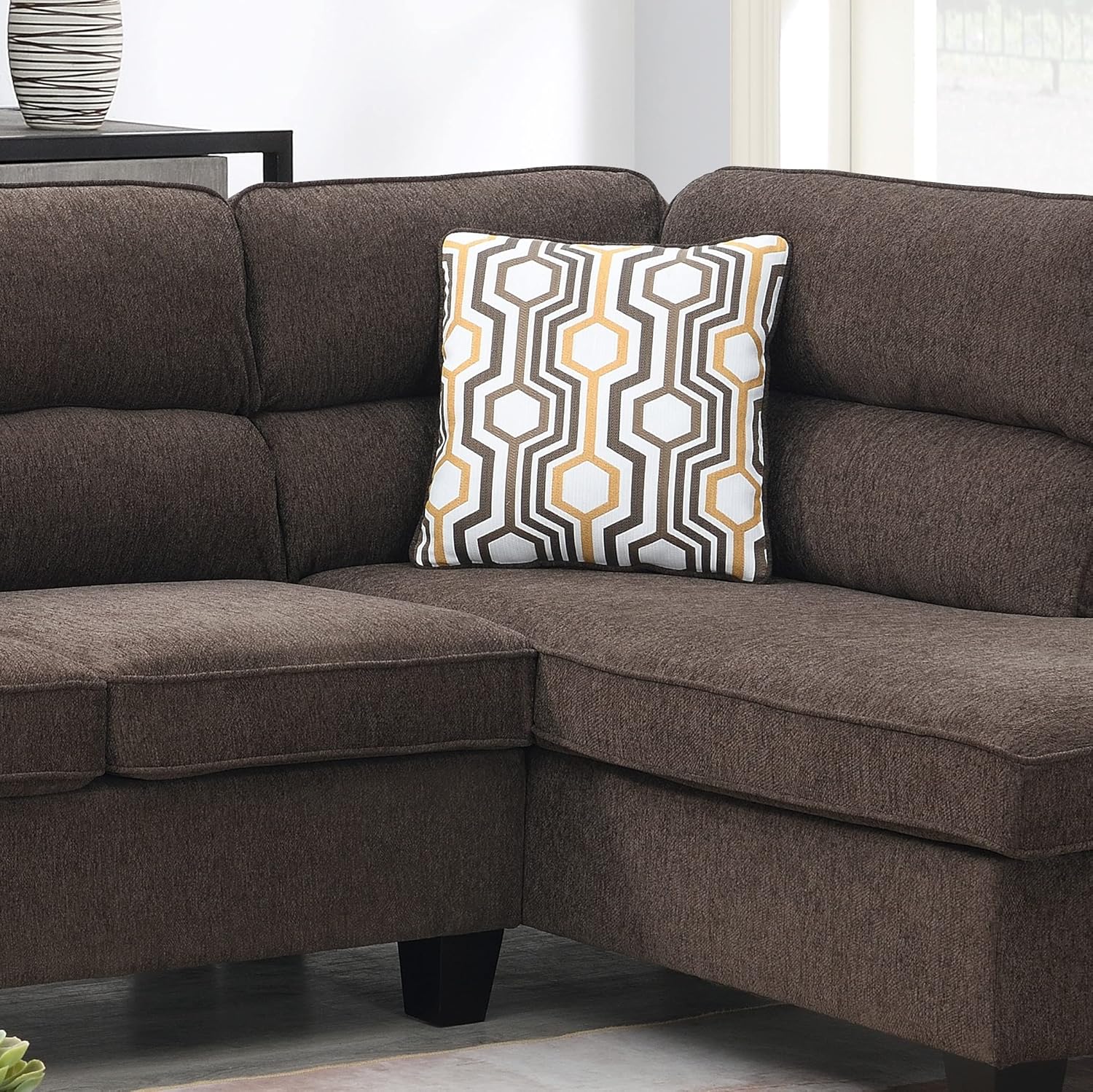Sofá modular tapizado grande en forma de L de 118 pulgadas de ancho con 2 cojines, moderno sofá de microfibra copetudo con asientos de espuma