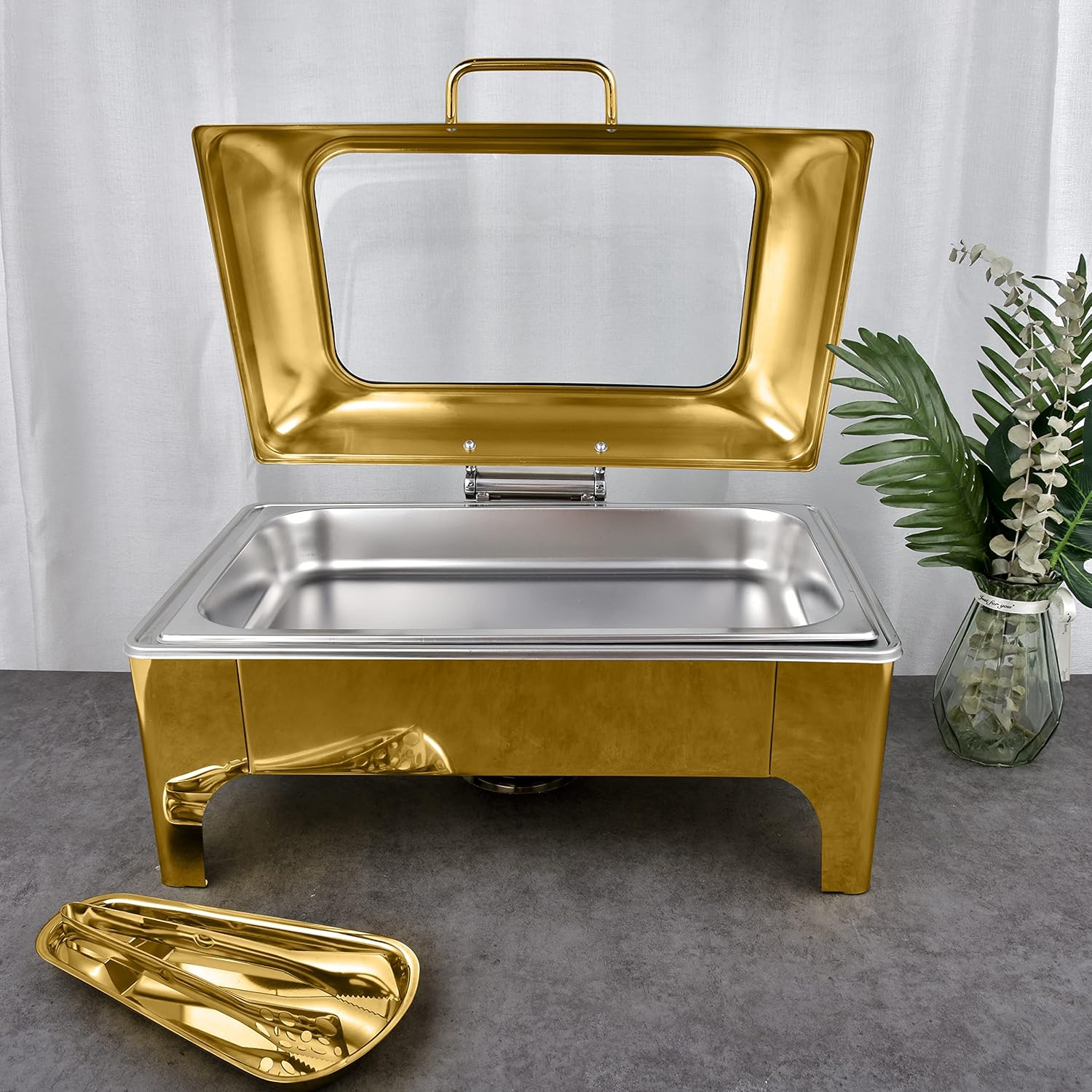 Golden Chafing Dish – Juego de bufé de 9 cuartos de galón, calentadores de alimentos y calentadores con tapas para fiestas, bufés, bandejas de