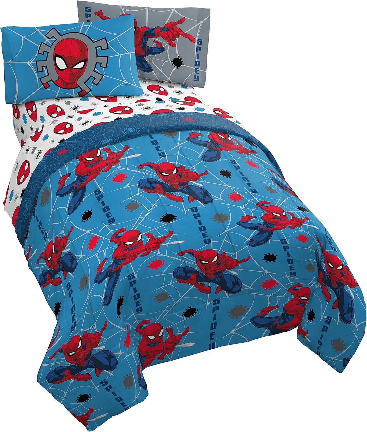 Jay Franco Spiderman Burst and Spidey Faces – Juego de ropa de cama matrimonial de 10 piezas