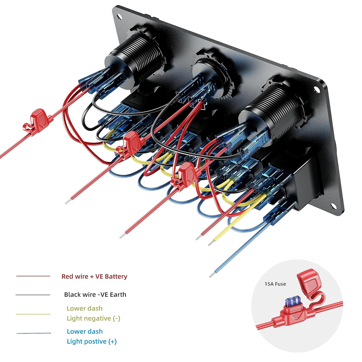 Interruptor de roker de barco marino impermeable, panel de aluminio de 6 cuadrillas con cargador de coche USB dual DC12-24V 36W y voltímetro digital