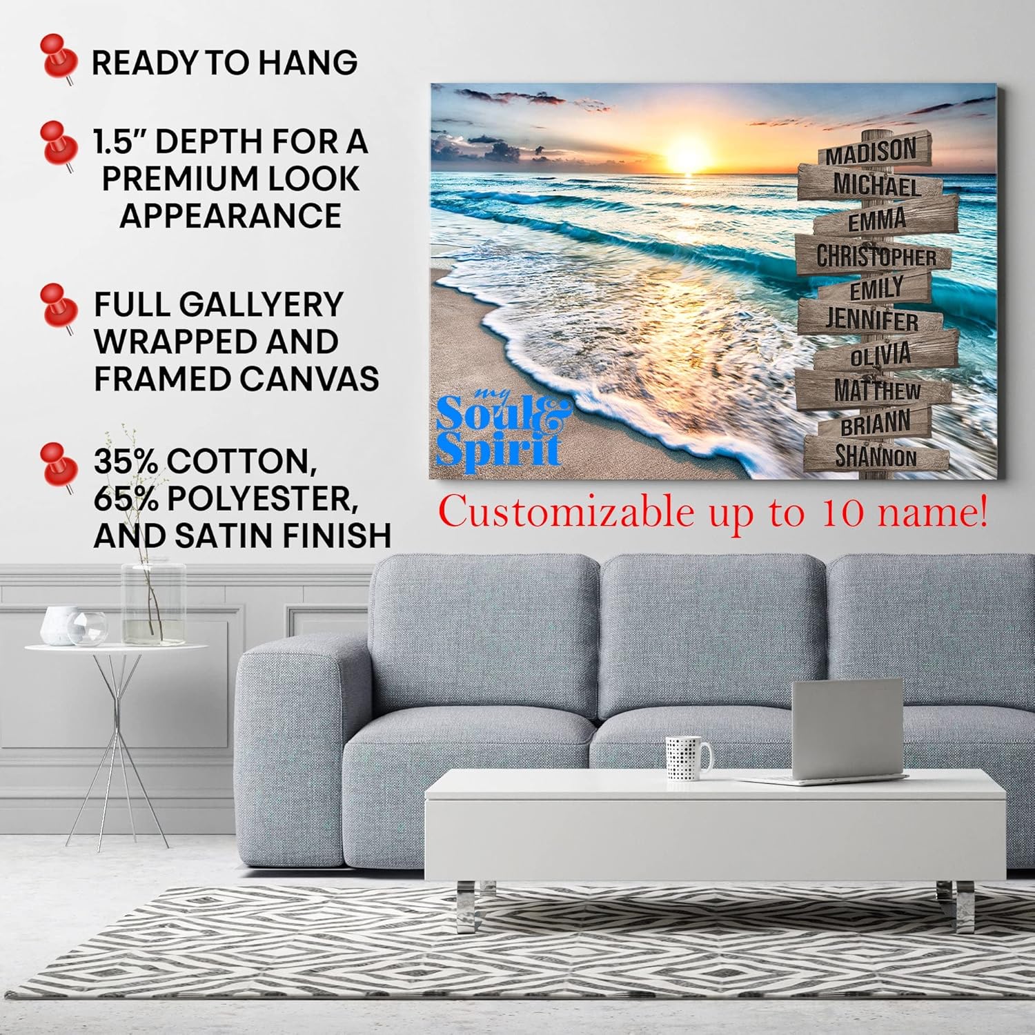My Soul & Spirit – Lienzo personalizado con varios nombres y colores de atardecer en el océano, lienzo personalizado Crossroads para pared a