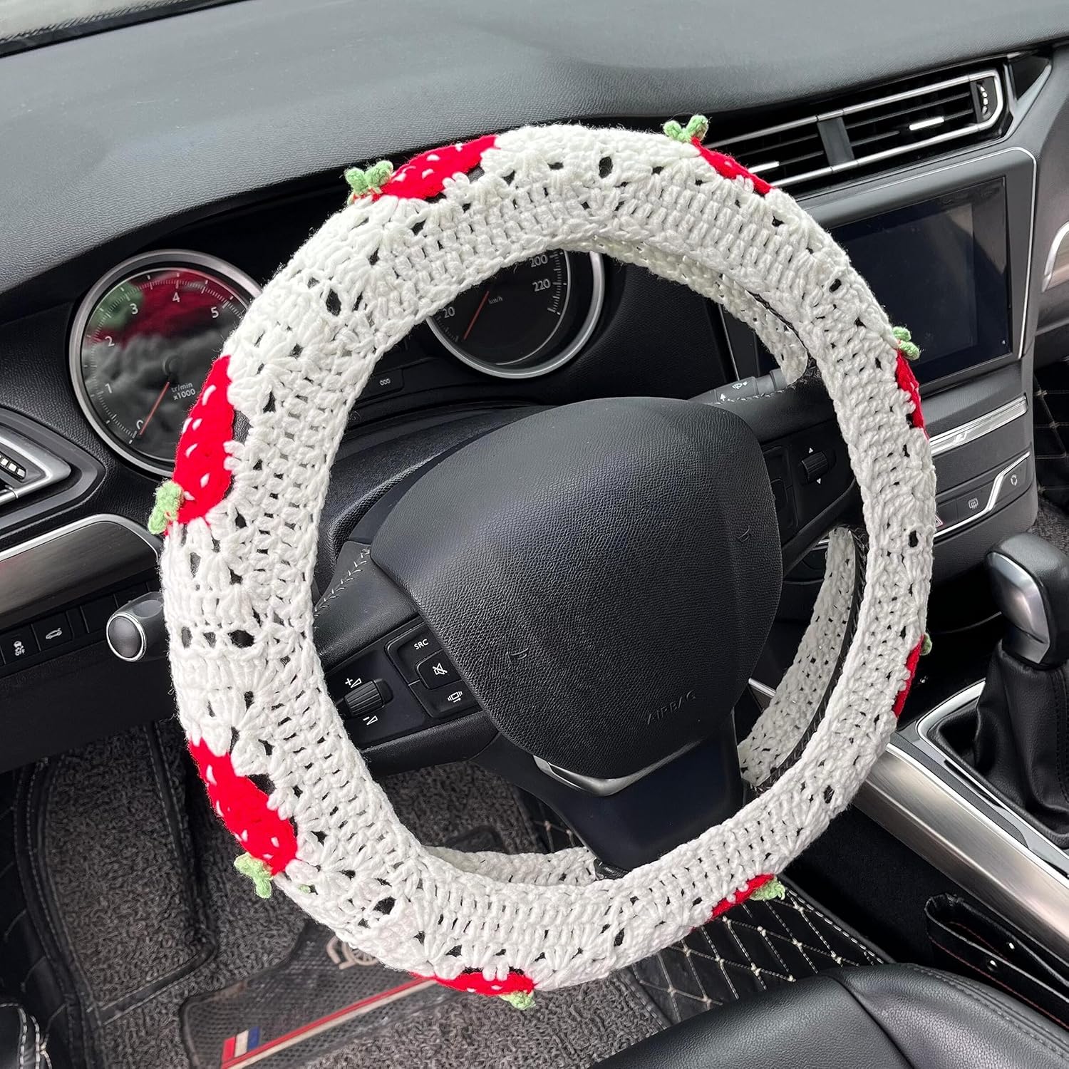Juego de fundas de ganchillo para volante de automóvil, diseño bohemio de 14 a 15 pulgadas, diseño cuadrado de fresa blanca, accesorios de automóvil