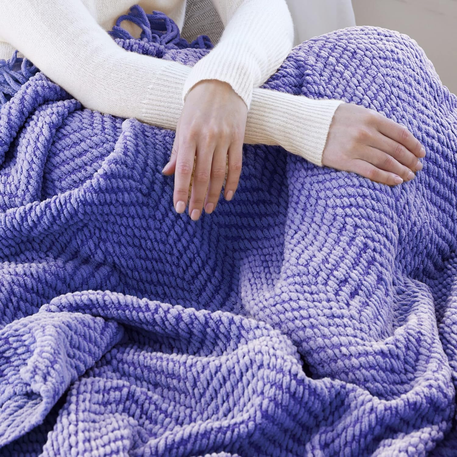 Manta de punto suave con textura para sofá, manta de tweed morado con borlas de flecos para decoración del hogar, cama, sofá, silla, 50 x 60