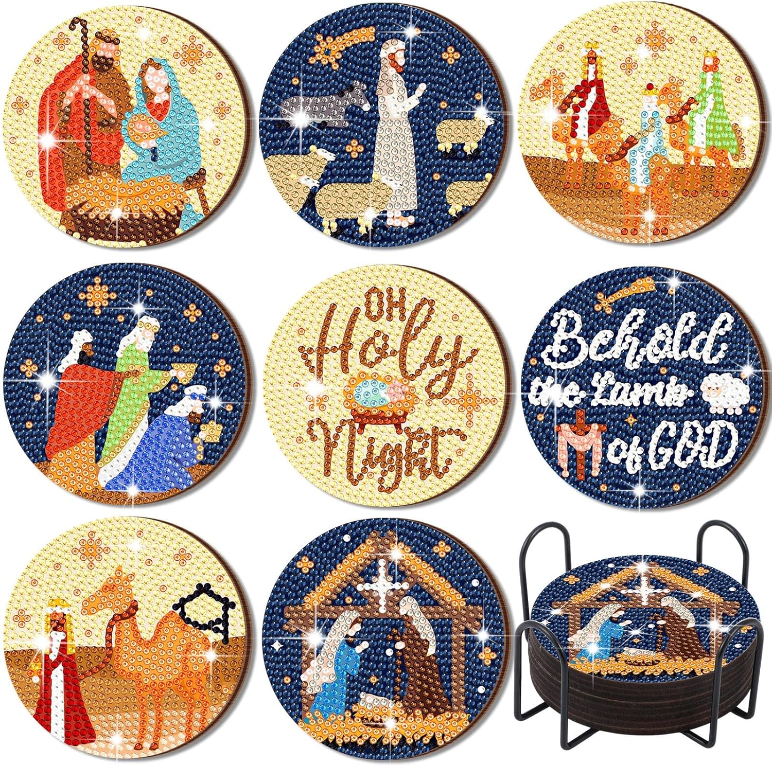 8 posavasos de arte de diamantes de Navidad, posavasos de pintura de diamantes de caramelo con soporte, kit de pintura de diamantes de Navidad,