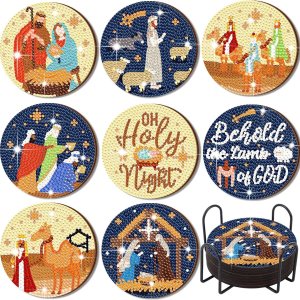 8 posavasos de arte de diamantes de Navidad, posavasos de pintura de diamantes de caramelo con soporte, kit de pintura de diamantes de Navidad, 8 posavasos de arte de diamantes de Navidad, posavasos de pintura de diamantes de caramelo con soporte, kit de pintura de diamantes de Navidad,