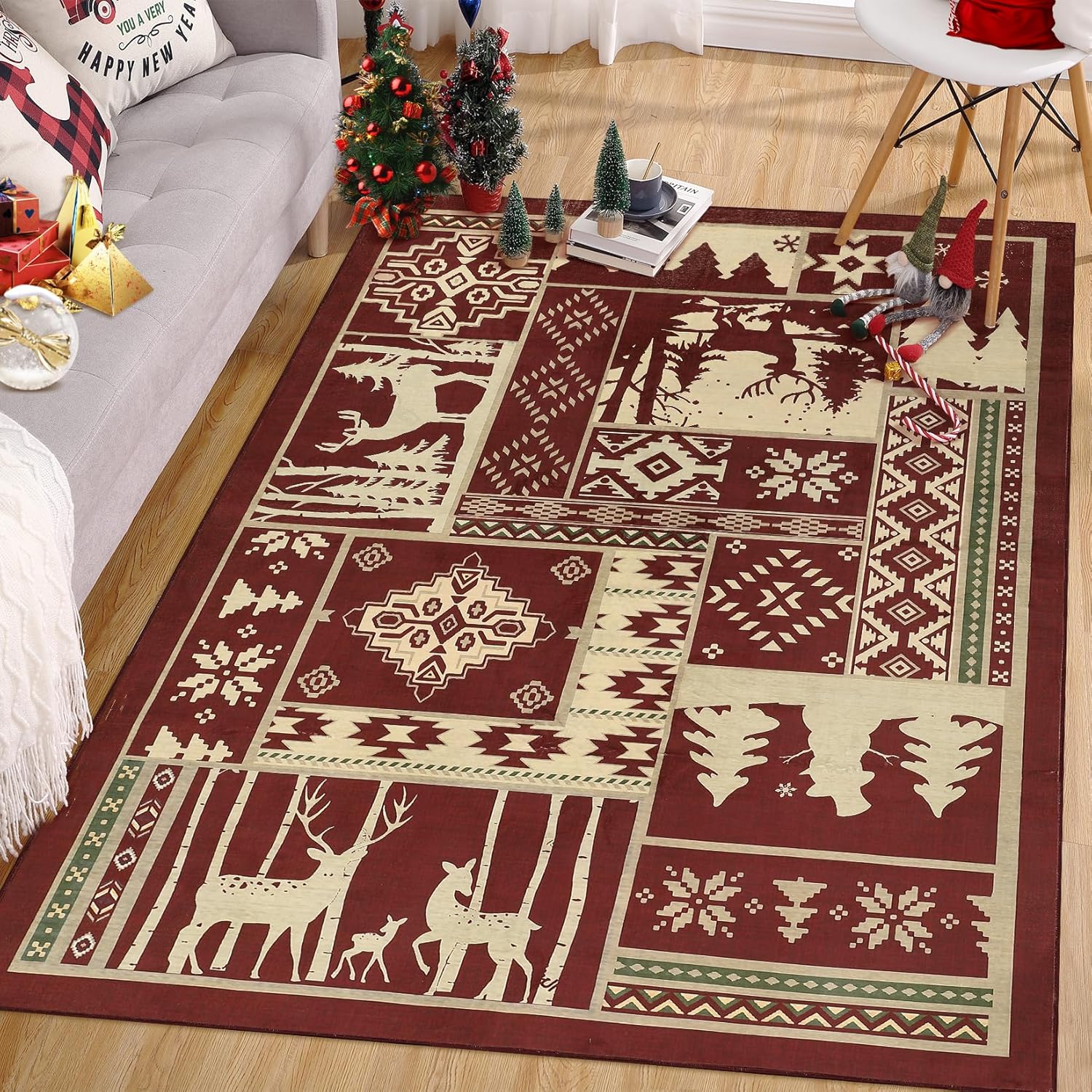 RUGSREAL Alfombra de área de Navidad de granja, alfombra decorativa rústica de búfalo con alce para interiores, alfombra de área de Navidad,