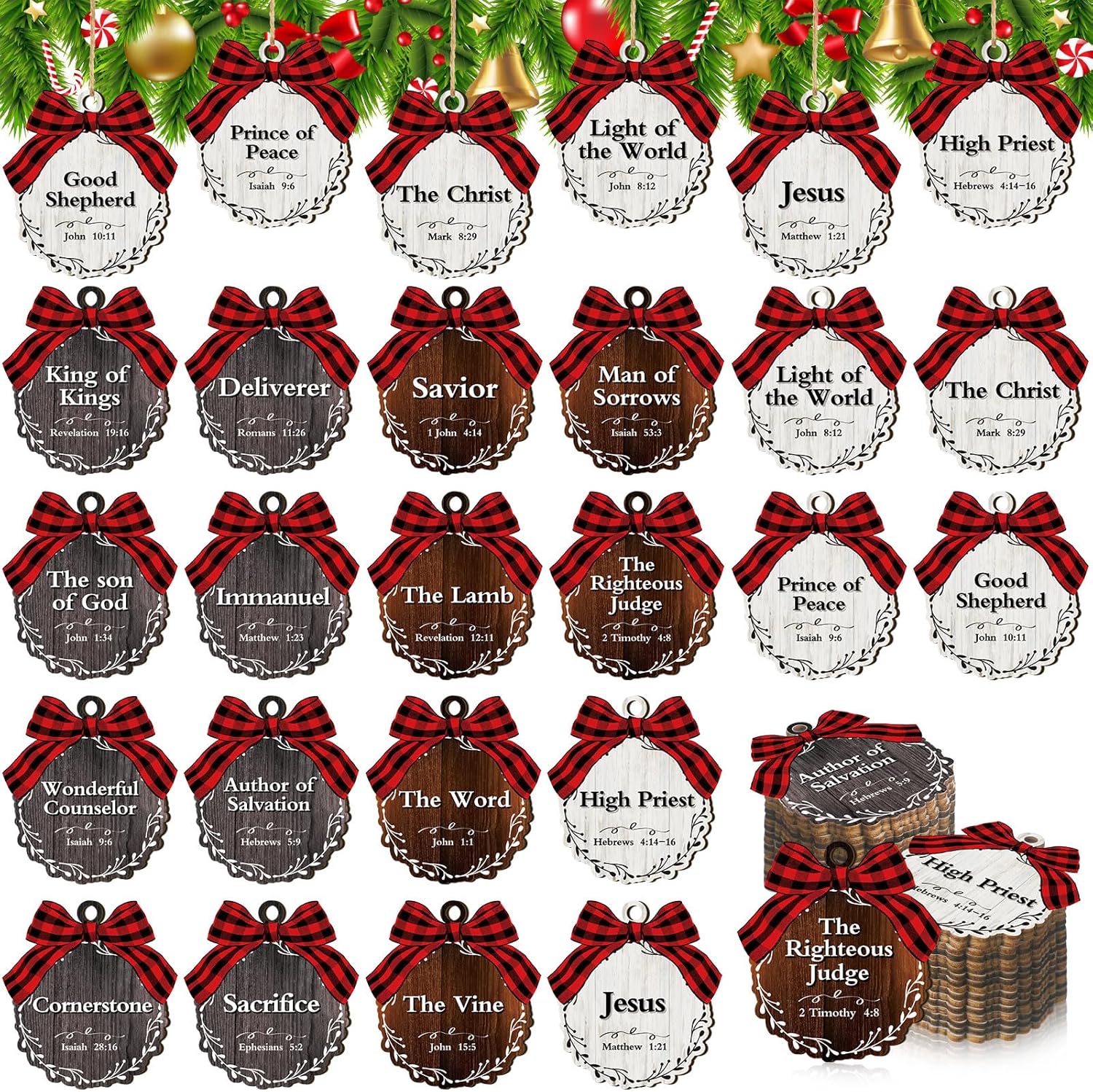 Soaoo 50 adornos de madera con los nombres de Jesús para manualidades, adornos de Navidad de madera, adornos de Navidad de madera con nombres de