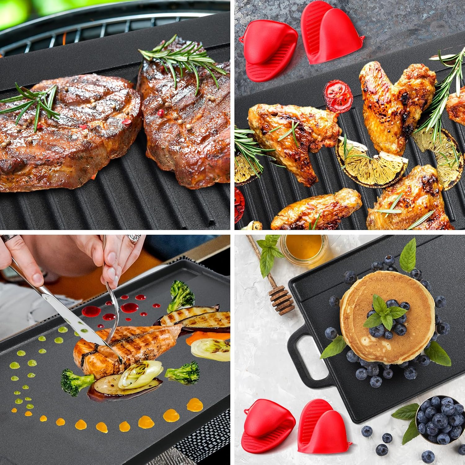 Mifoci Plancha de hierro fundido de 19.7 x 9.1 pulgadas con asas, placa de parrilla reversible 2 en 1 con guantes de protección térmica de silicona,