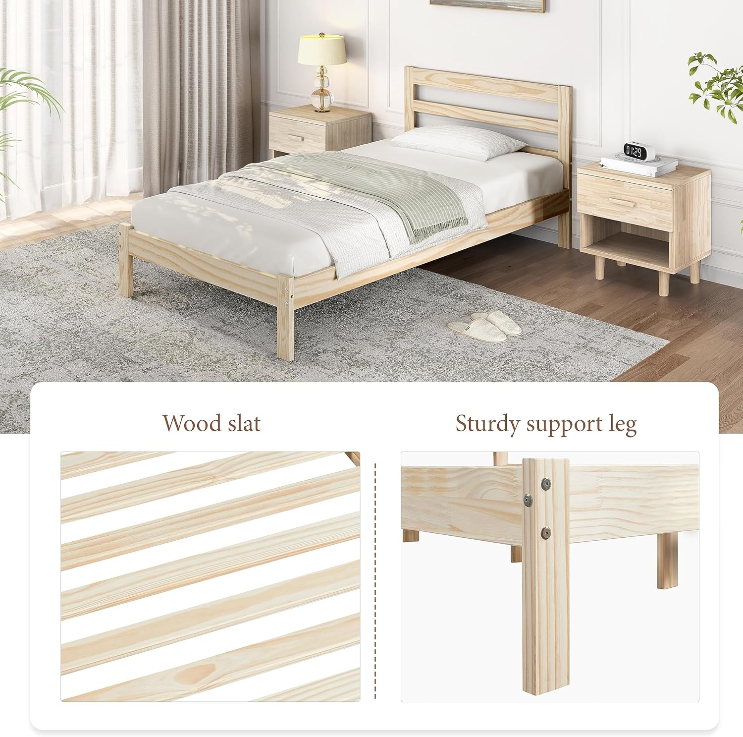 Yaheetech Base de cama individual con plataforma de madera de pino macizo con cabecero con paneles, estilo Wicklow, soporte de listones de madera,