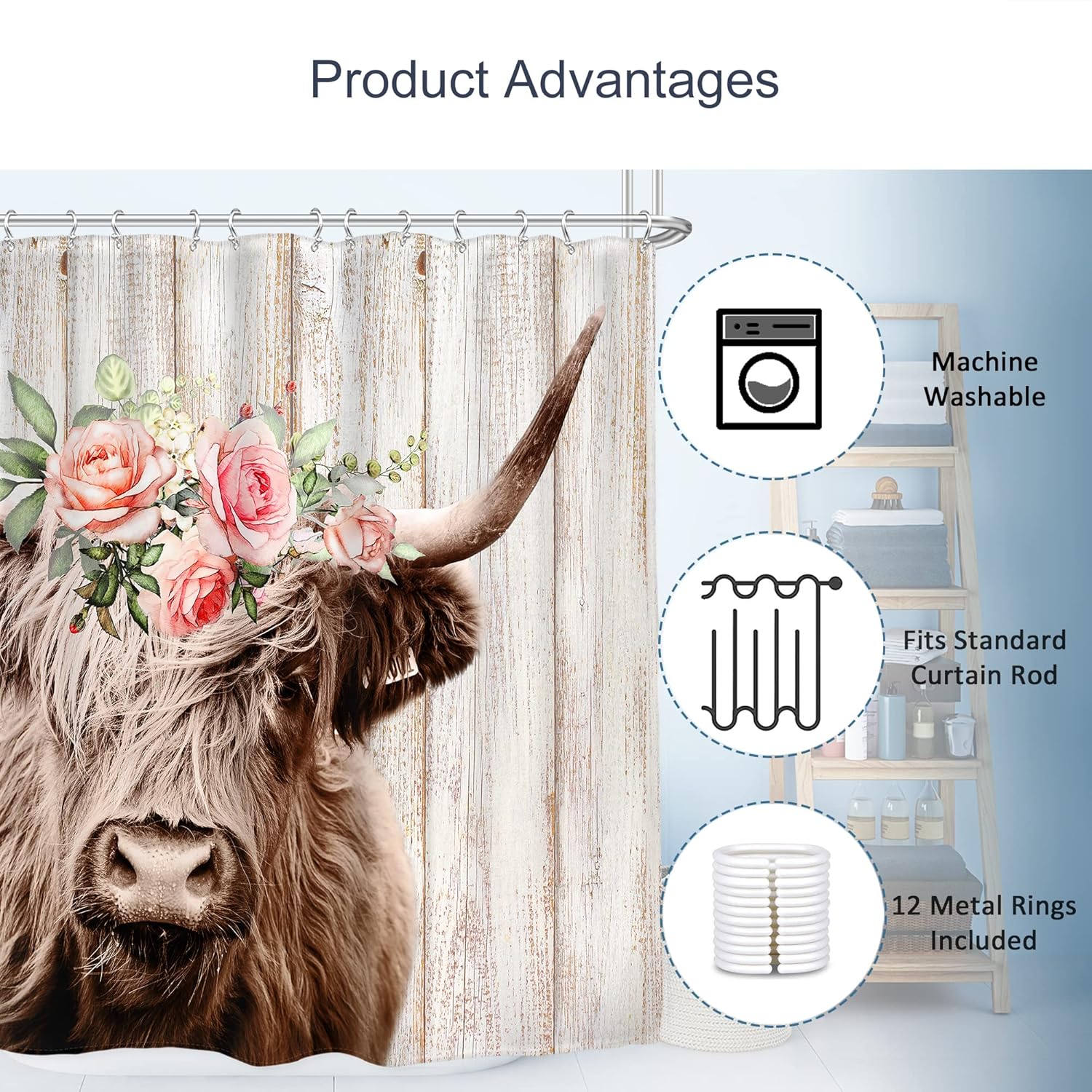 AMBZEK Highland – Cortina de ducha de vaca de 72 pulgadas de ancho x 72 pulgadas de largo, diseño rústico floral con guirnalda, tablones de madera
