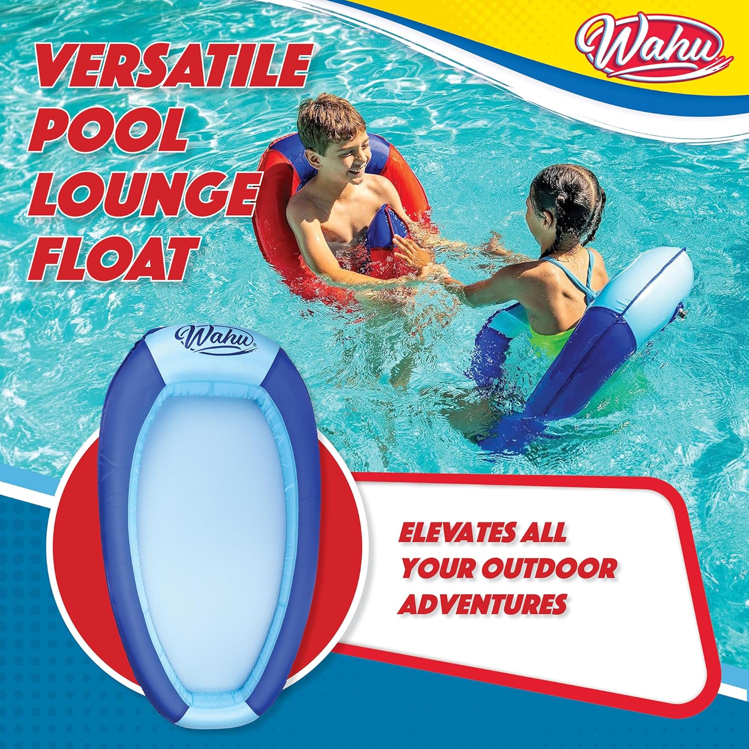 WAHU Hydro Lounger – Flotador versátil para tomar el sol, tumbona inflable para playa y piscina con válvula de infladodesinflado, azulazul claro