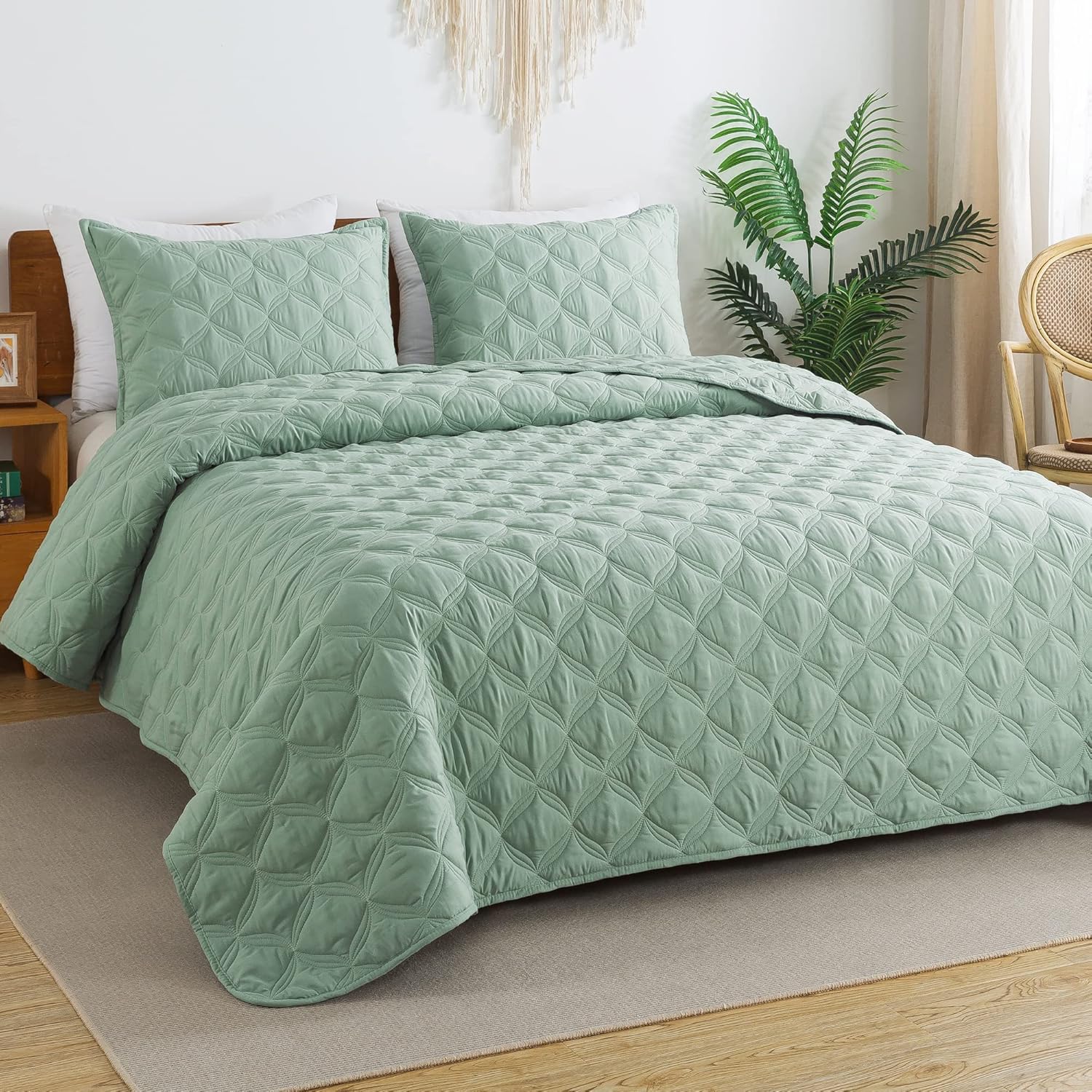 Litanika Juego de colcha extragrande de color verde salvia de 128 x 120 pulgadas, colcha ligera de verano, funda de cama bohemia de granja para