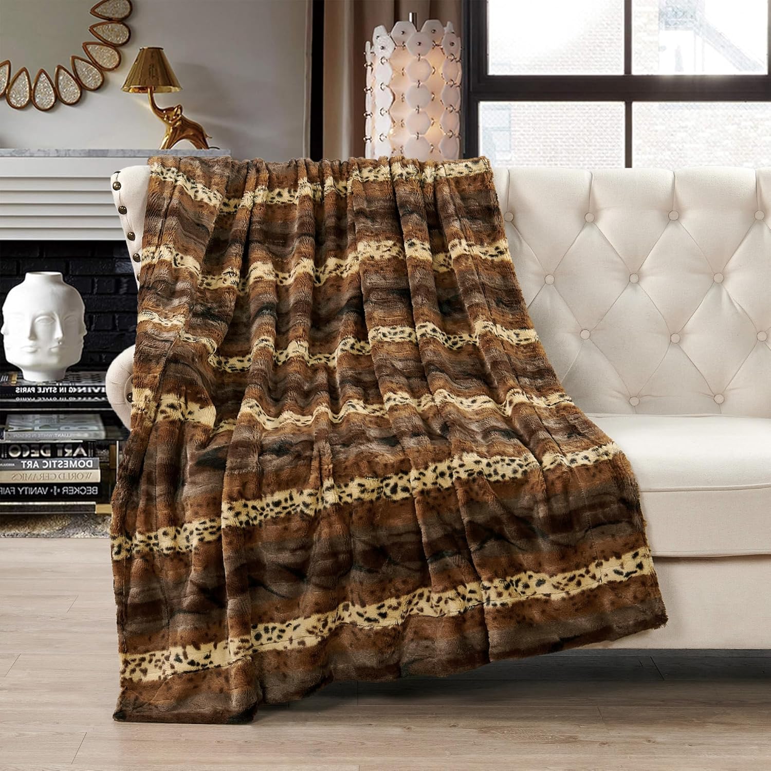 Manta de piel sintética marrón con estampado de leopardo cepillado de doble cara de 50 x 60 pulgadas, manta de felpa ligera y esponjosa para sofá,