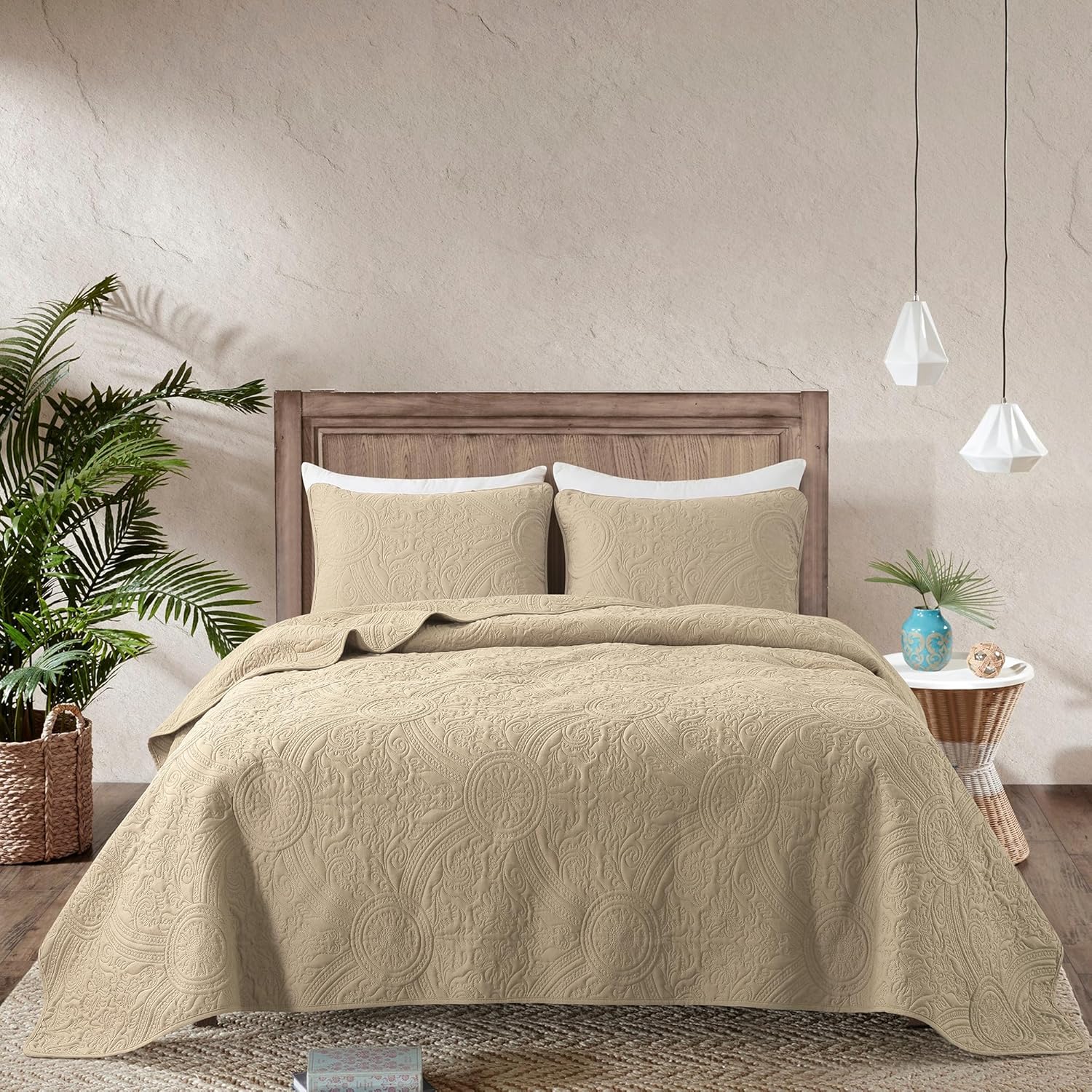 Juego bohemio de ropa de cama con fundas de almohada, colcha ligera extragrande, manta acolchada y delgada, 3piezas, 118 x 106pulgadas, tamaño