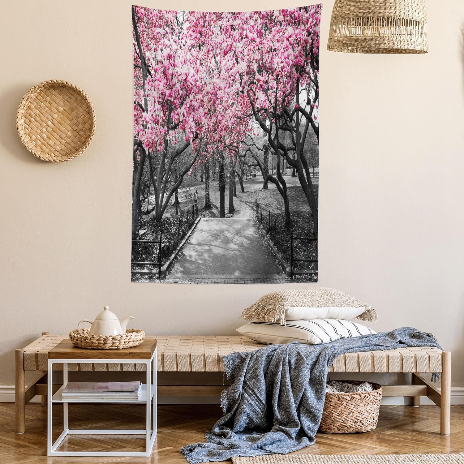 Lunarable NYC – Tapiz de flores en Central Park, paisaje, cerezos, bosque, temporada de primavera, decoración de tela para colgar en la pared para